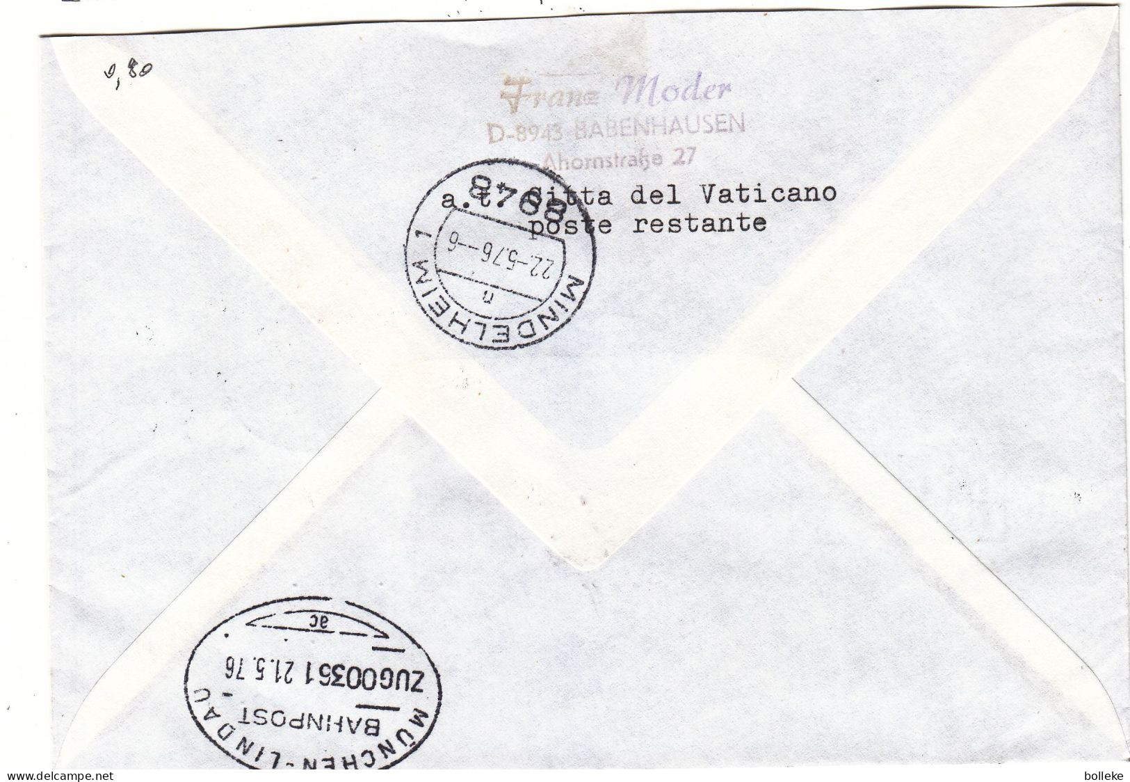 Vatican - Lettre Recom De 1976 - Oblit Citta Del Vaticano - Exp Vers Kirchheim - Cachet Train München Lindau -Mindelheim - Lettres & Documents