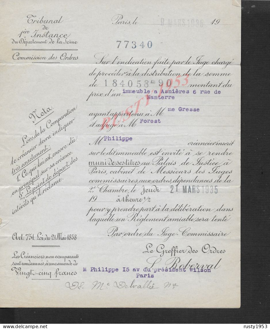 TYPE ACTE TIMBRE PAIX CACHETS AR TRIBUNAL INSTANCE COMMISSION DES ORDRES PARIS 1935 IMMEUBLE À ASNIÈRES   : - Cartas & Documentos