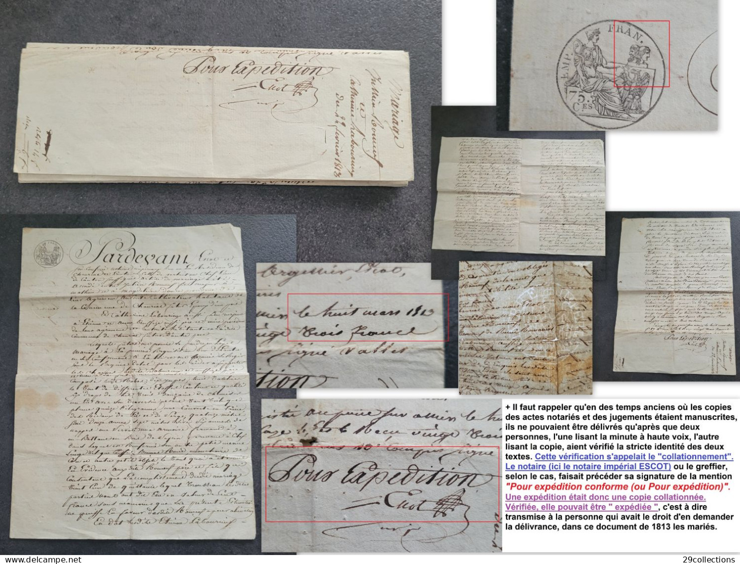 Acte 1813 Mariage Avec Mention Manuscrite Rare "Pour Expédition" (par La Poste) - Manuscrits