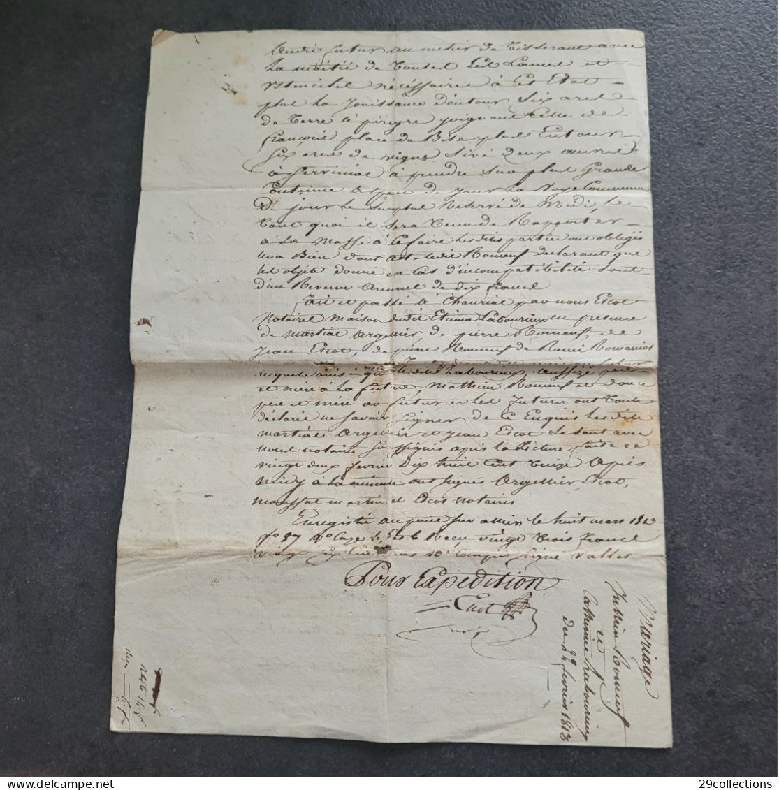 Acte 1813 mariage avec mention manuscrite rare "Pour Expédition" (par la Poste)