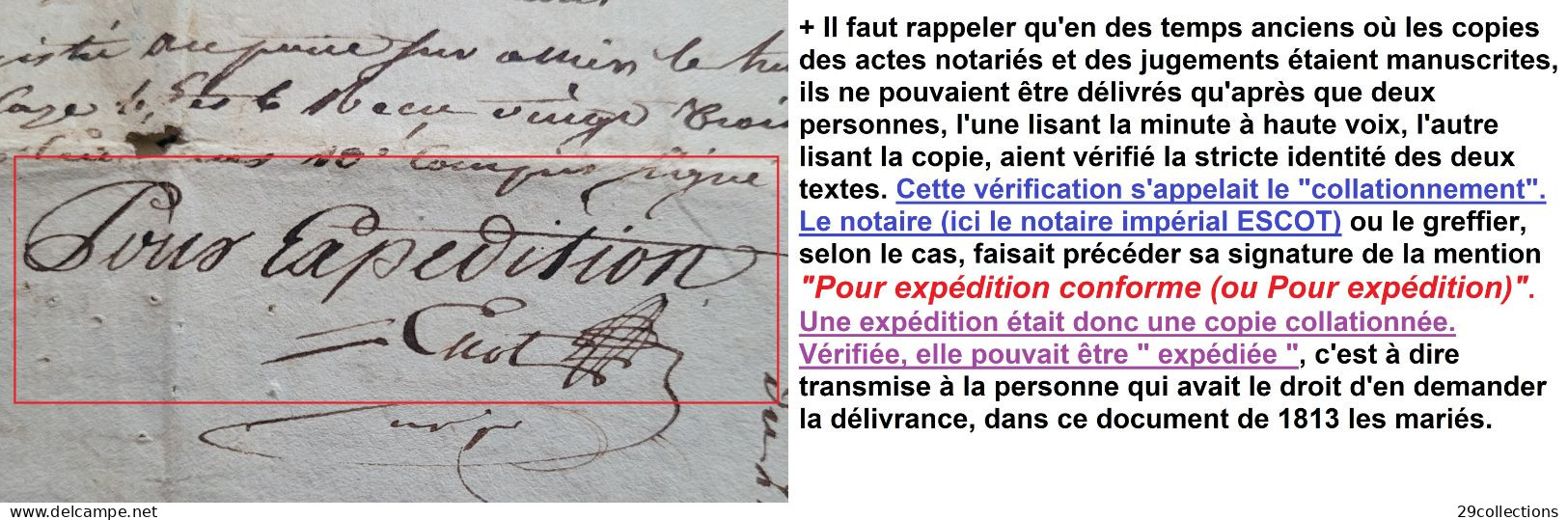 Acte 1813 mariage avec mention manuscrite rare "Pour Expédition" (par la Poste)