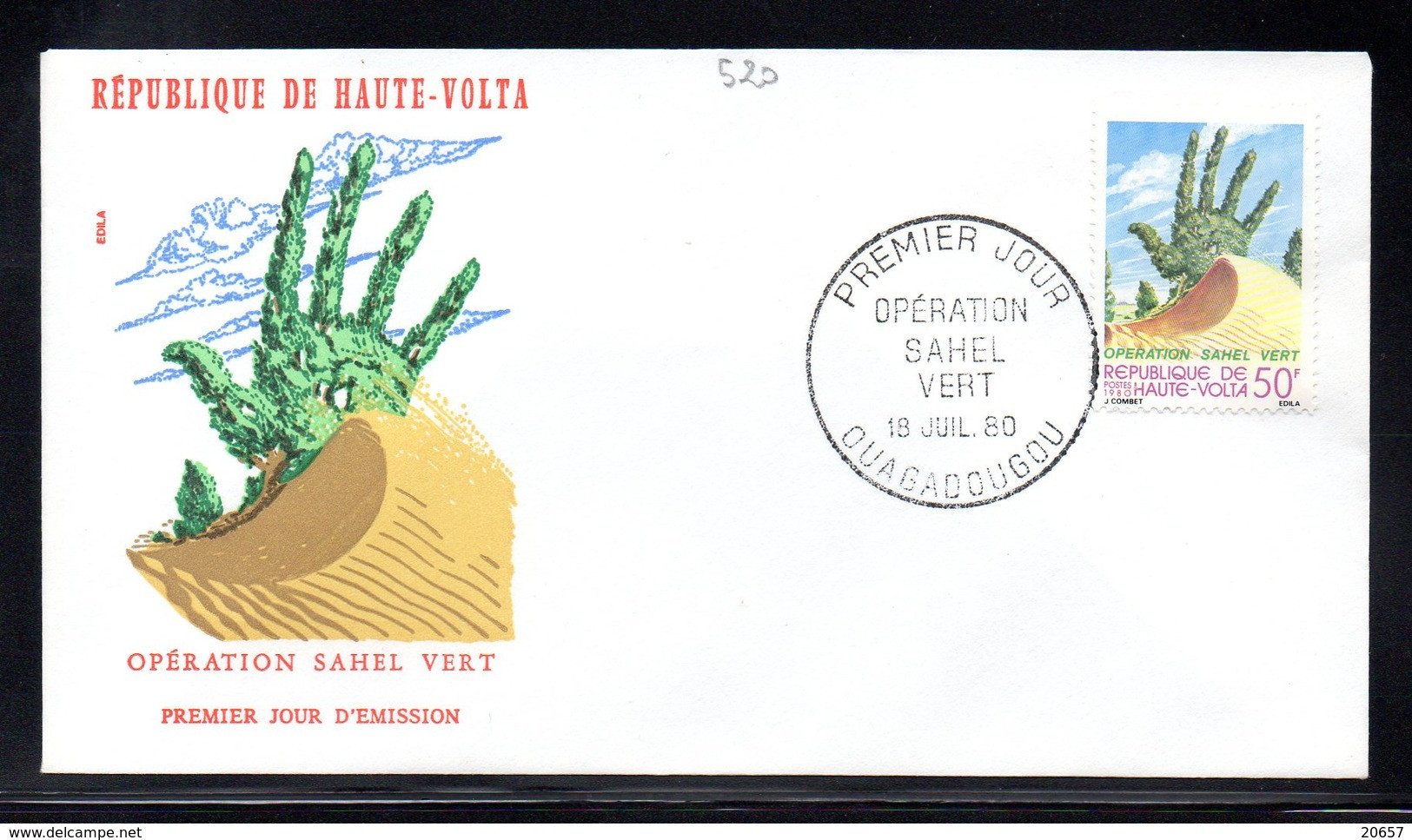 Haute-Volta Burkina Faso 520 Fdc Sahel Vert, Lutte Contre La Désertification, Dune De Sable, Main, Arbre - Protection De L'environnement & Climat