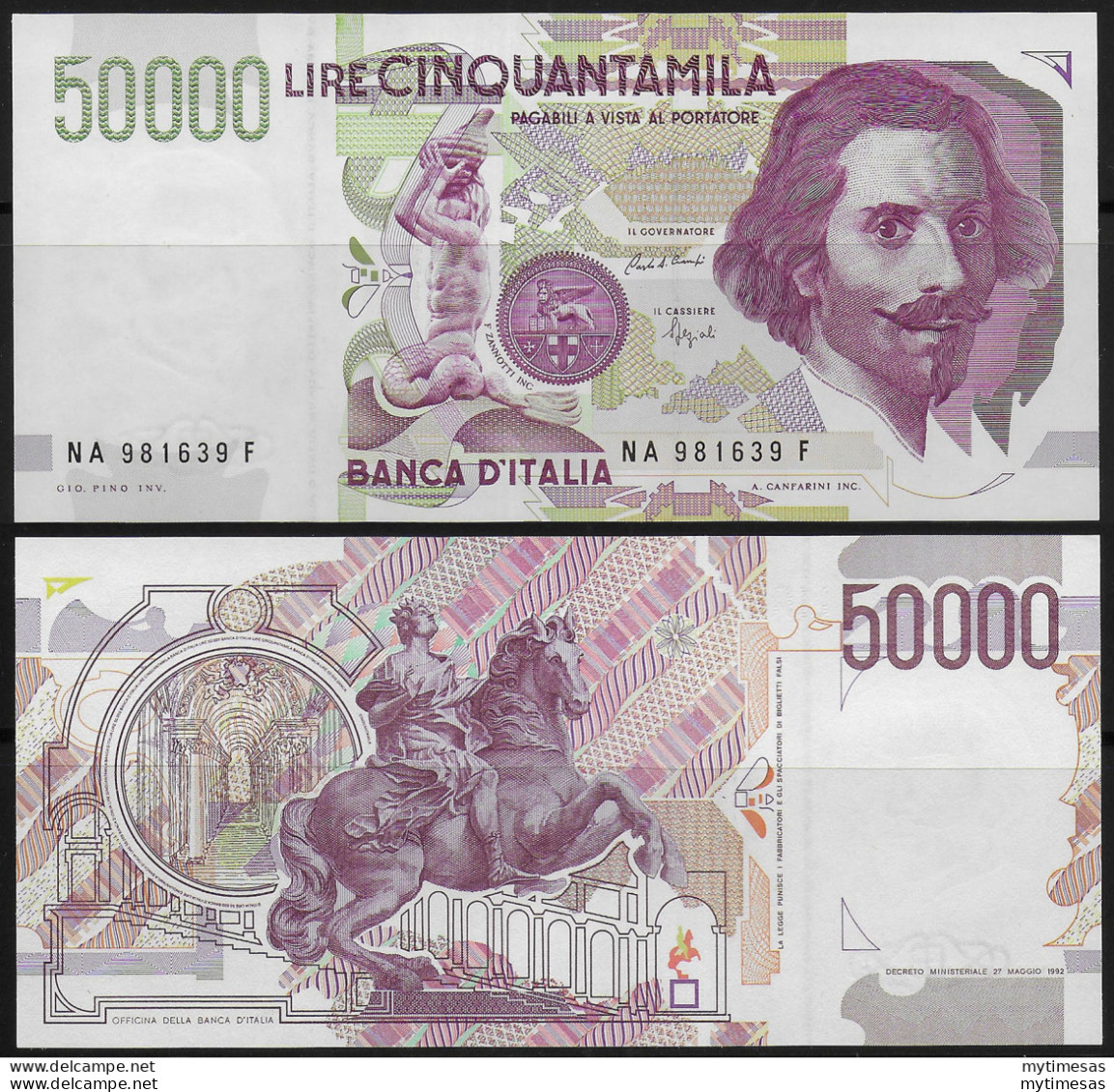 1992 Lire 50.000 Bernini 2nd Type FDS BI 81A Gigante - Autres & Non Classés