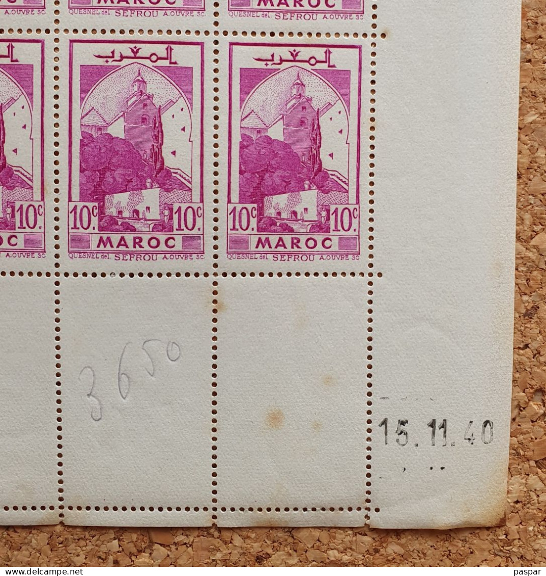 Bloc Feuille De 45 Timbres Neufs Maroc 10c - Coin Daté 15.11.40 MNH - YT 167 - 1940 - Sefrou IC2 - Unused Stamps