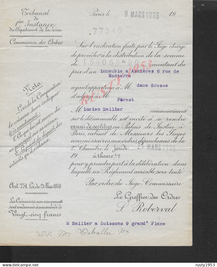 TYPE ACTE TIMBRE PAIX CACHETS AR TRIBUNAL INSTANCE COMMISSION DES ORDRES PARIS 1935 IMMEUBLE À ASNIÈRES : - Cartas & Documentos