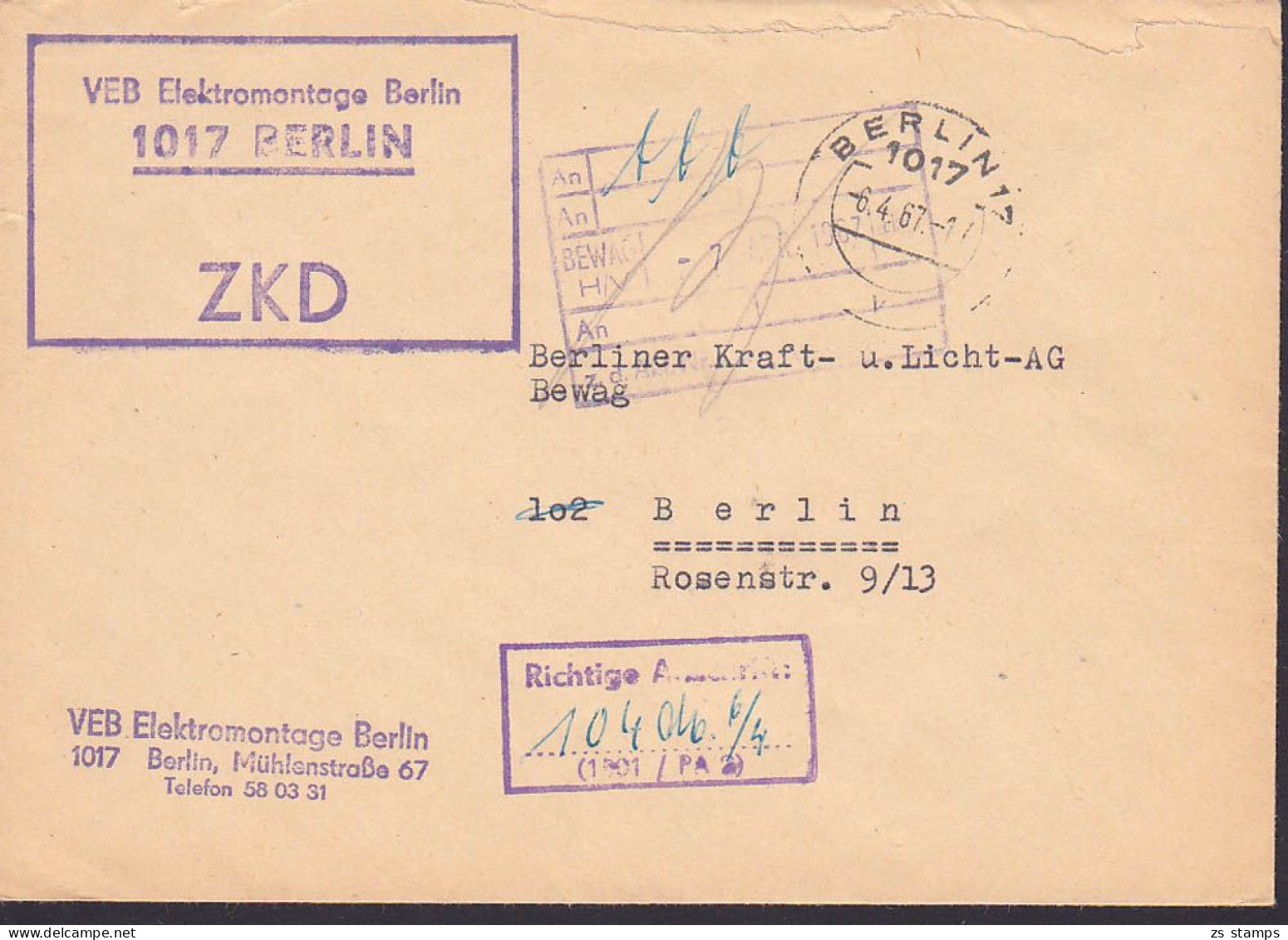 Berlin R3-ZKD-St. Elektromontage Berlin, Ortsbrief 6.4.67 Mit Richtige Anschrift - Storia Postale