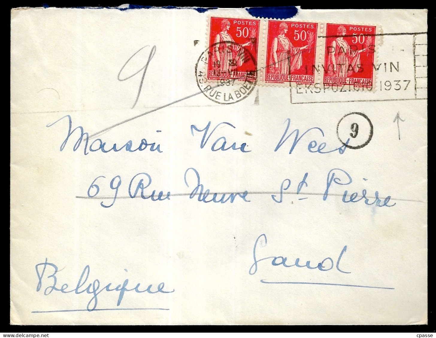 1937 Lettre Avec Bande De 3 Du Timbre Type PAIX N° 283 YT Oblitérée Avec Flamme De L'Expo 1937 à Paris - 1932-39 Paix