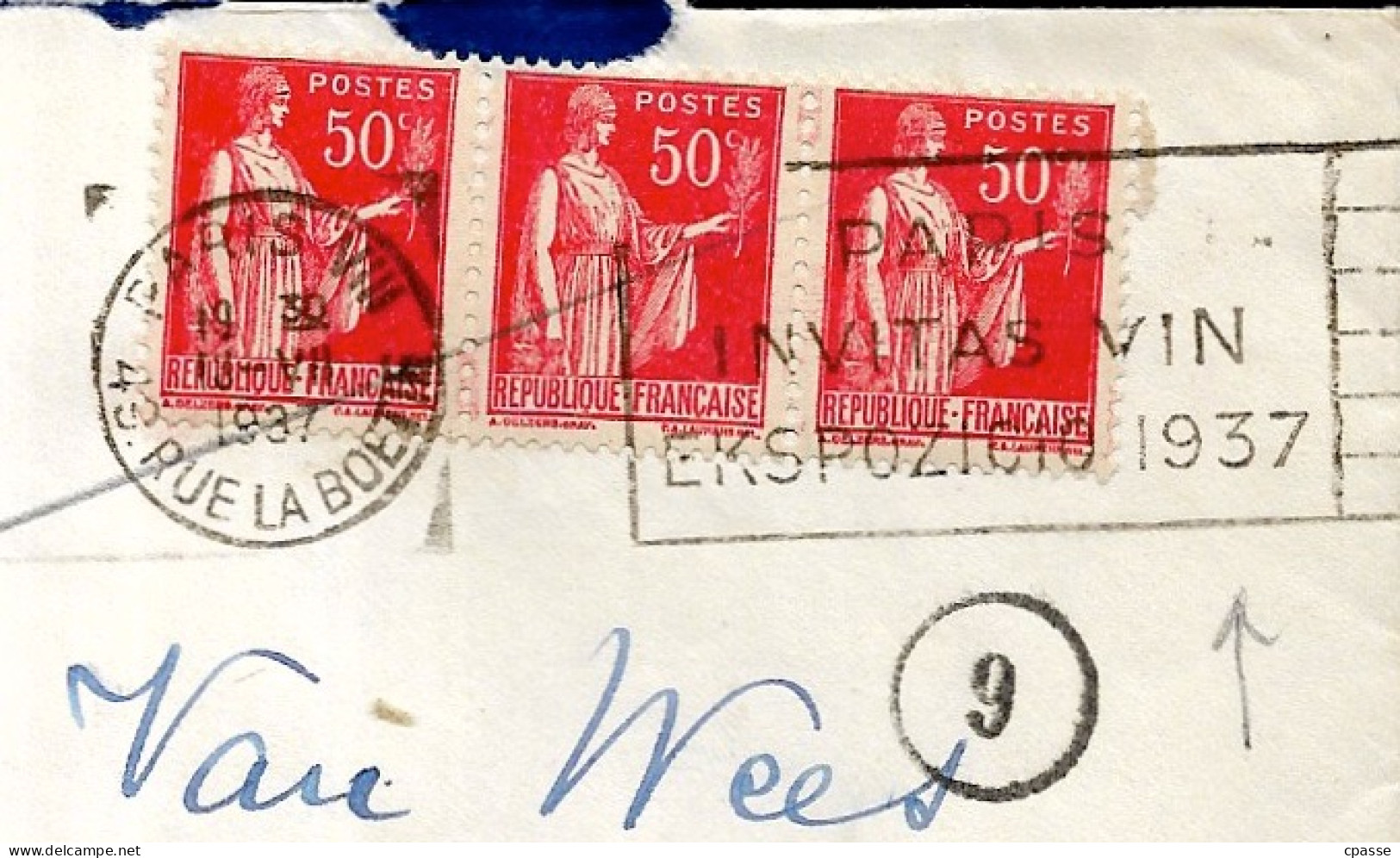 1937 Lettre Avec Bande De 3 Du Timbre Type PAIX N° 283 YT Oblitérée Avec Flamme De L'Expo 1937 à Paris - 1932-39 Paix