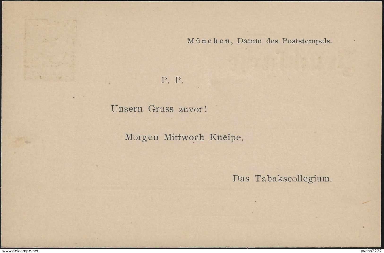 Bavière 1906. Entier Postal Timbré Sur Commande. Réunion Du Tabakscollegium, Groupe Pour Profiter Du Tabac Et Socialiser - Tabak