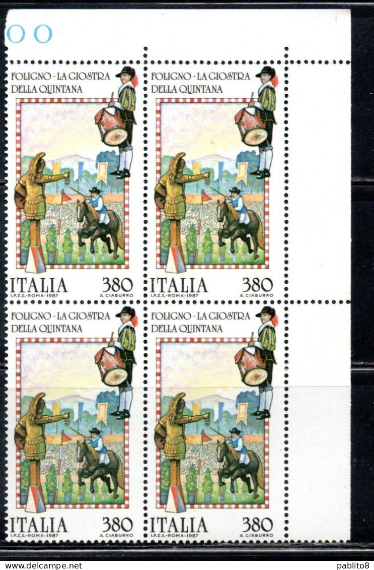 ITALIA REPUBBLICA ITALY 1987 FOLCLORE ITALIANO FOLKLORE GIOSTRA DELLA QUINTANA FOLIGNO QUARTINA ANGOLO DI FOGLIO MNH - 1981-90: Neufs