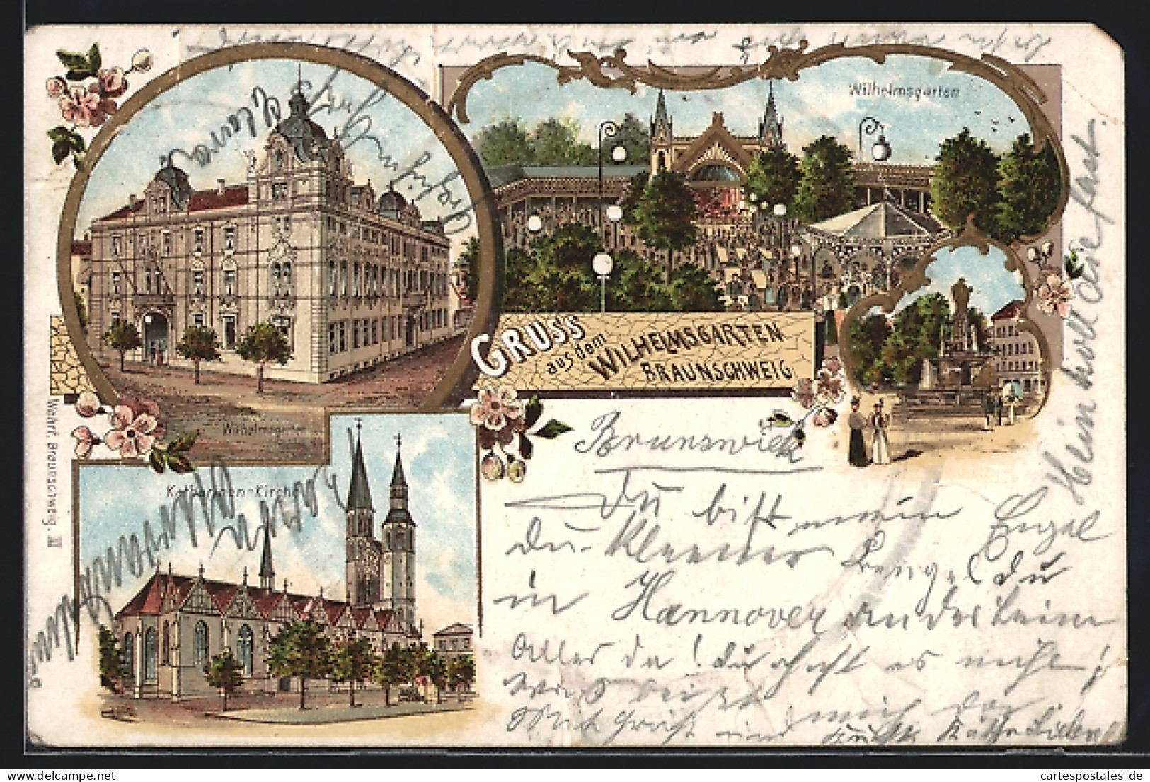 Lithographie Braunschweig, Restaurant Wilhelmsgarten, Gebäude- Und Gartenansicht, Katharinen-Kirche  - Braunschweig
