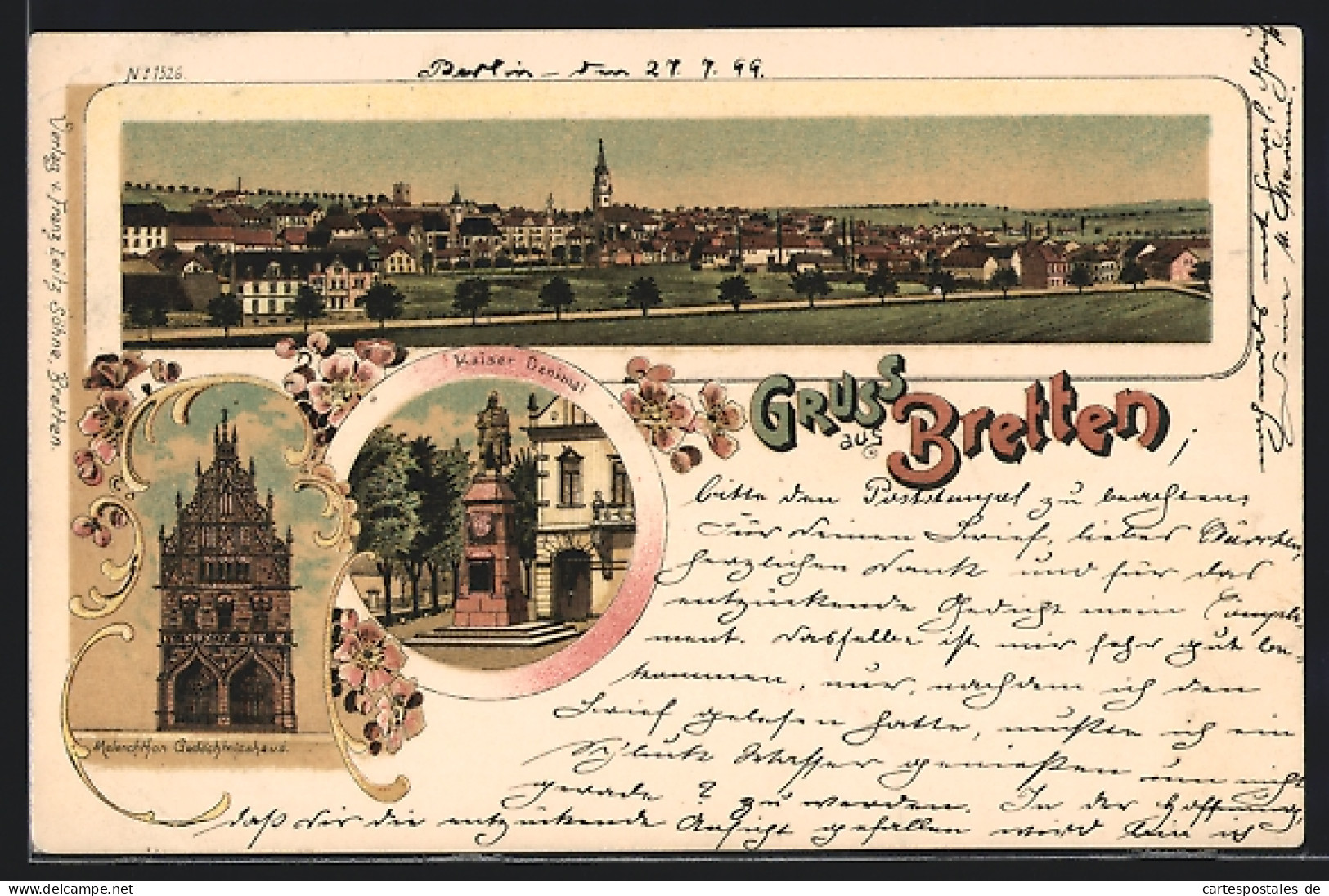 Lithographie Bretten, Kaiserdenkmal, Melanchthon Gedächtnishaus, Panorama  - Bretten