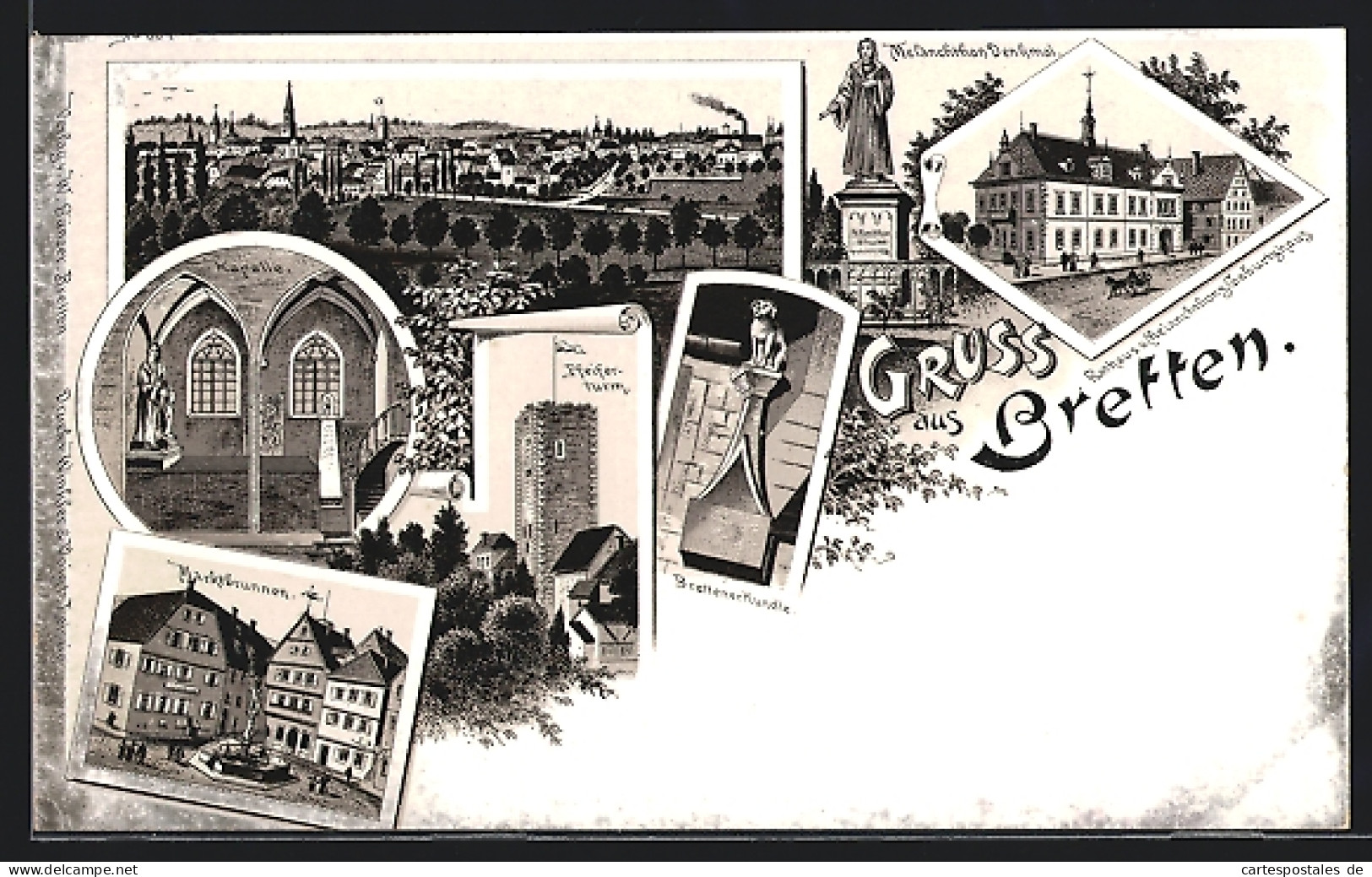 Lithographie Bretten, Rathaus & Melanchthons Geburtshaus, Marktbrunnen, Kapelle-Inneres  - Bretten