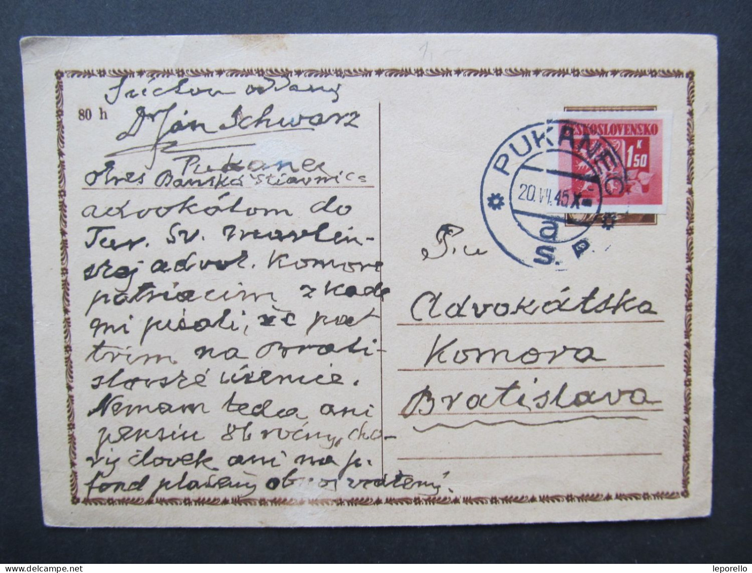GANZSACHE Pukanec - Bratislava 20.7.1945  //// P2106 - Lettres & Documents
