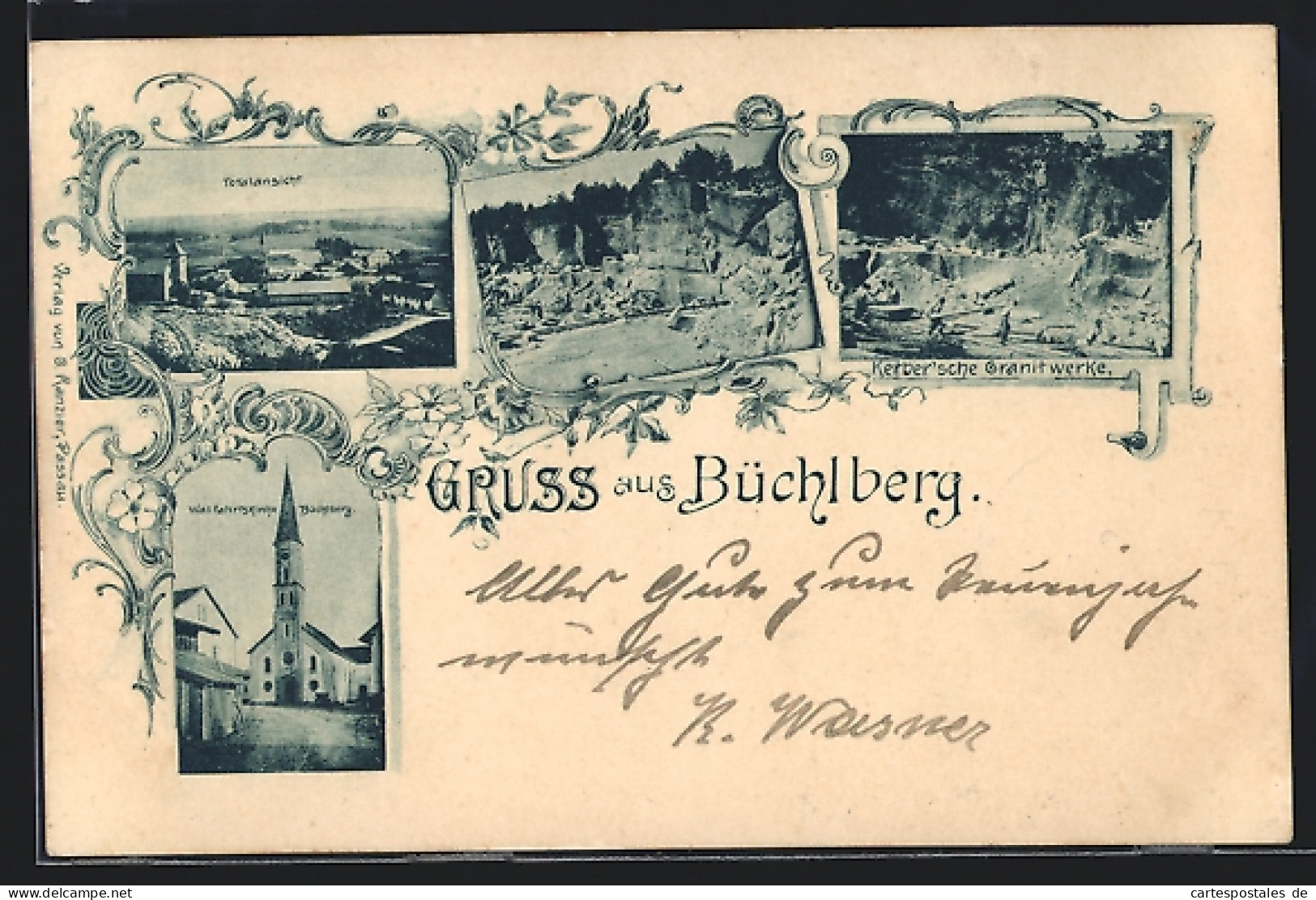 AK Büchlberg, Kerber'sche Granitwerke, Steinbruch, Wallfahrtskirche, Totalansicht  - Bergbau