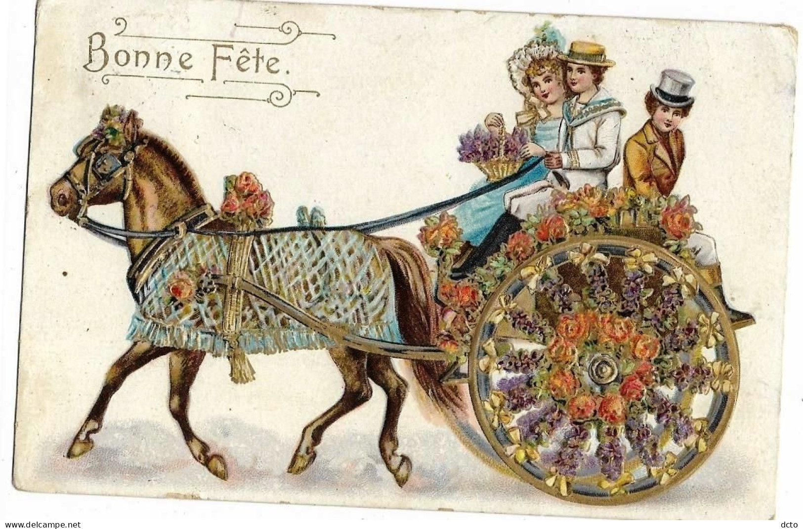 4 Cpa Gaufrées Transport Charrette à âne, à Cheval, Vélo Fleuri Et Charrette Avec Croix, Ancre Et Coeur. Bonne Fête - Altri & Non Classificati