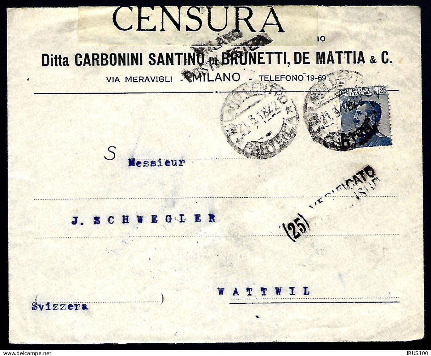 LETTRE EN PROVENANCE D'ITALIE - CENSURE - 1918 - POUR WATTWIL / SUISSE - Poste Militaire (PM)
