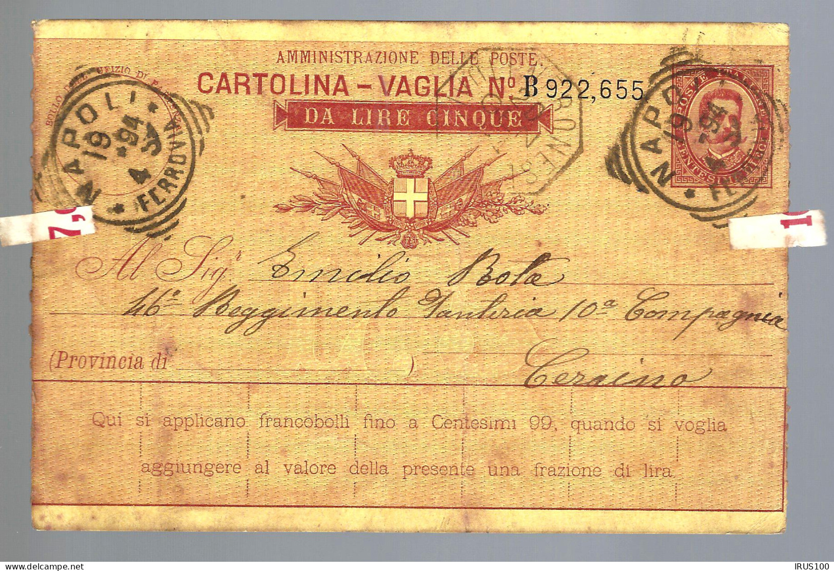 ITALIE - 1894 - ENTIER POSTAL / GANZSACHE / DE NAPLES. 5L - Stamped Stationery