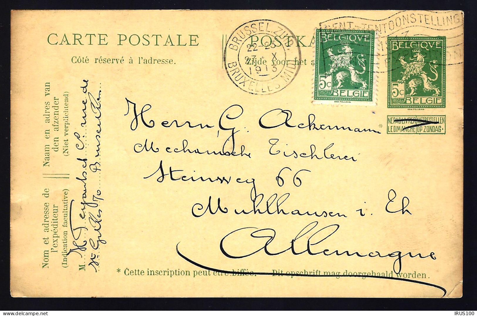 ENTIER POSTAL - 1913 - BRUXELLES - POUR MULHOUSE I.ELS - GANZSACHE - Cartes Postales 1909-1934