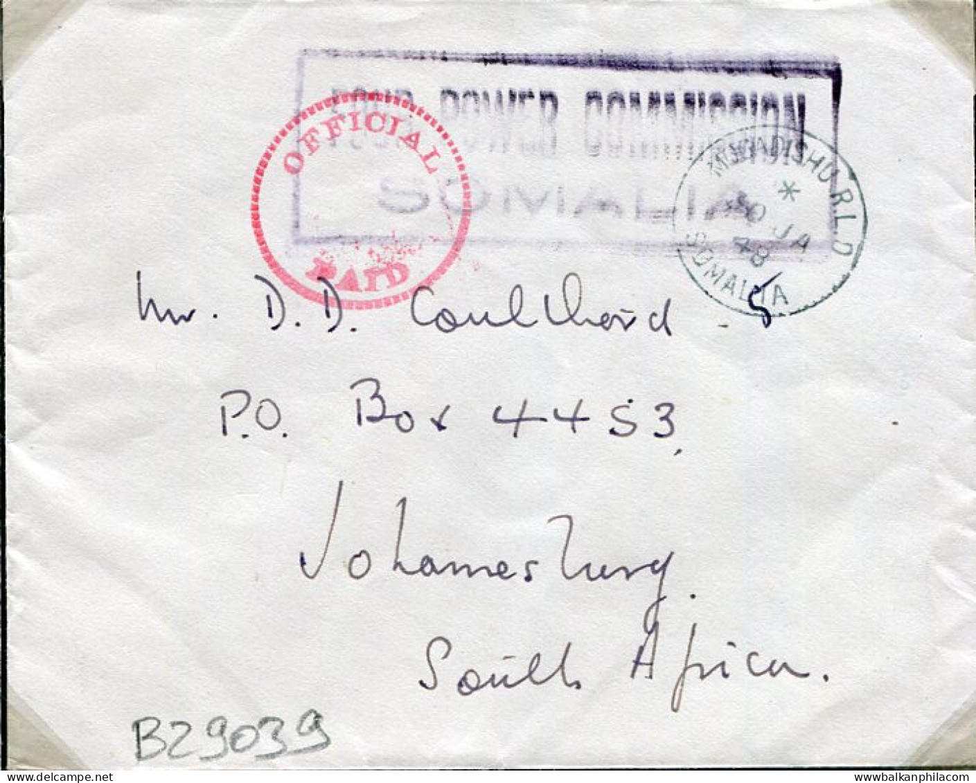 1948 Somalia Mogadishu 4 Power Official To South Africa - Somalilandia (Protectorado ...-1959)