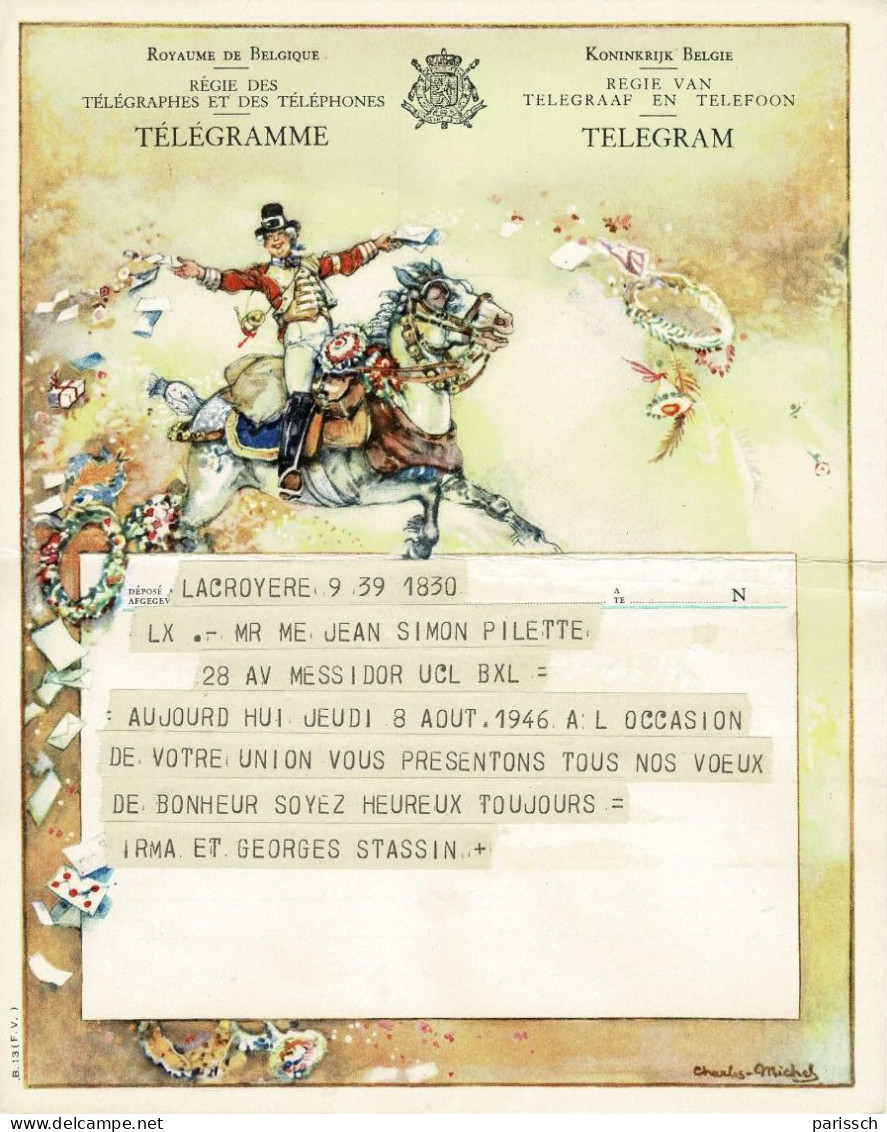 Télégramme - Cheval, Postier, Lettres, Fleurs, Cadeaux - 1946 - Belgique - Paarden