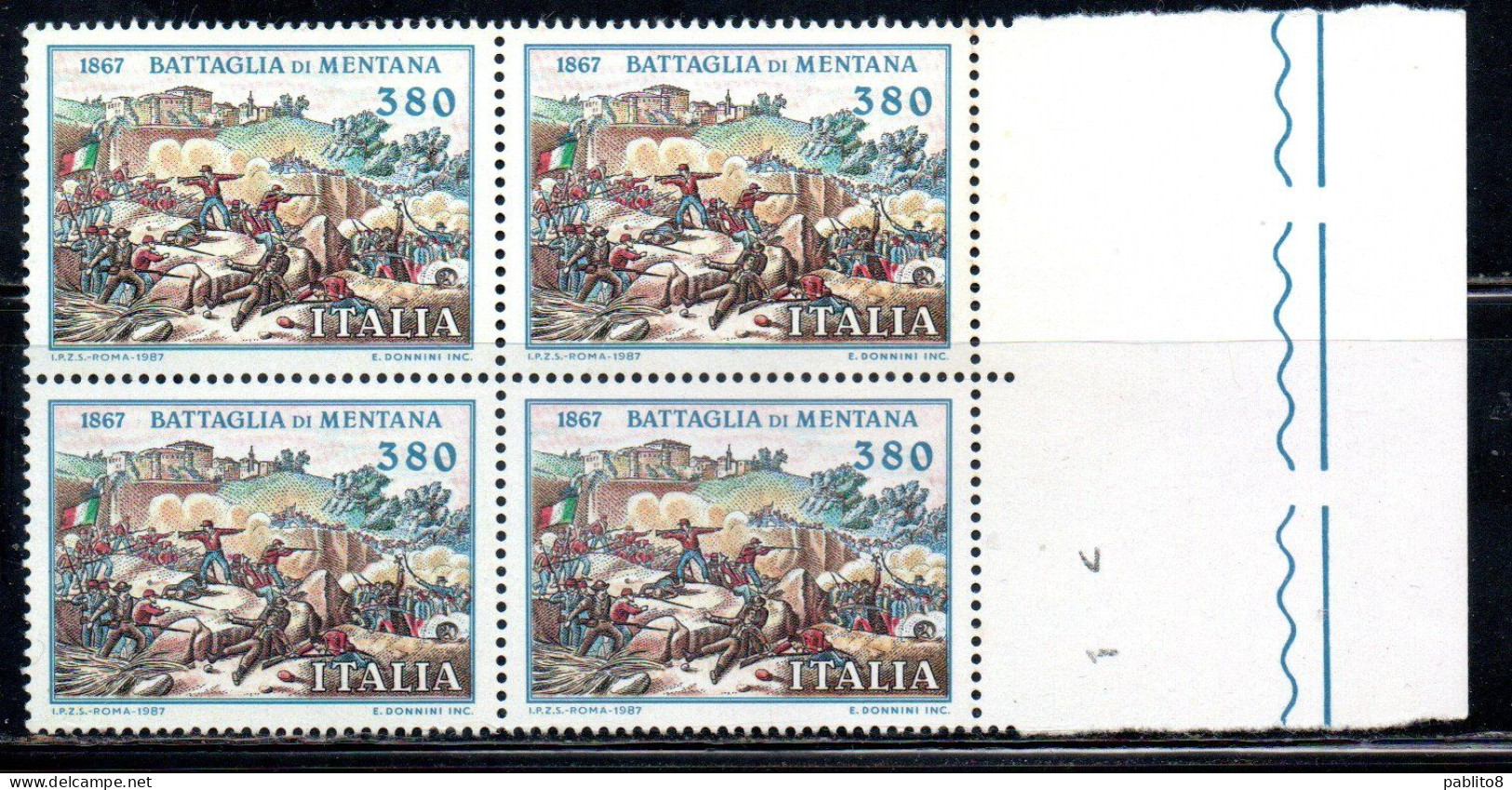 ITALIA REPUBBLICA ITALY REPUBLIC 1987 LA BATTAGLIA DI MENTANA BATTLE LIRE 380 QUARTINA BORDO DI FOGLIO MNH - 1981-90:  Nuovi