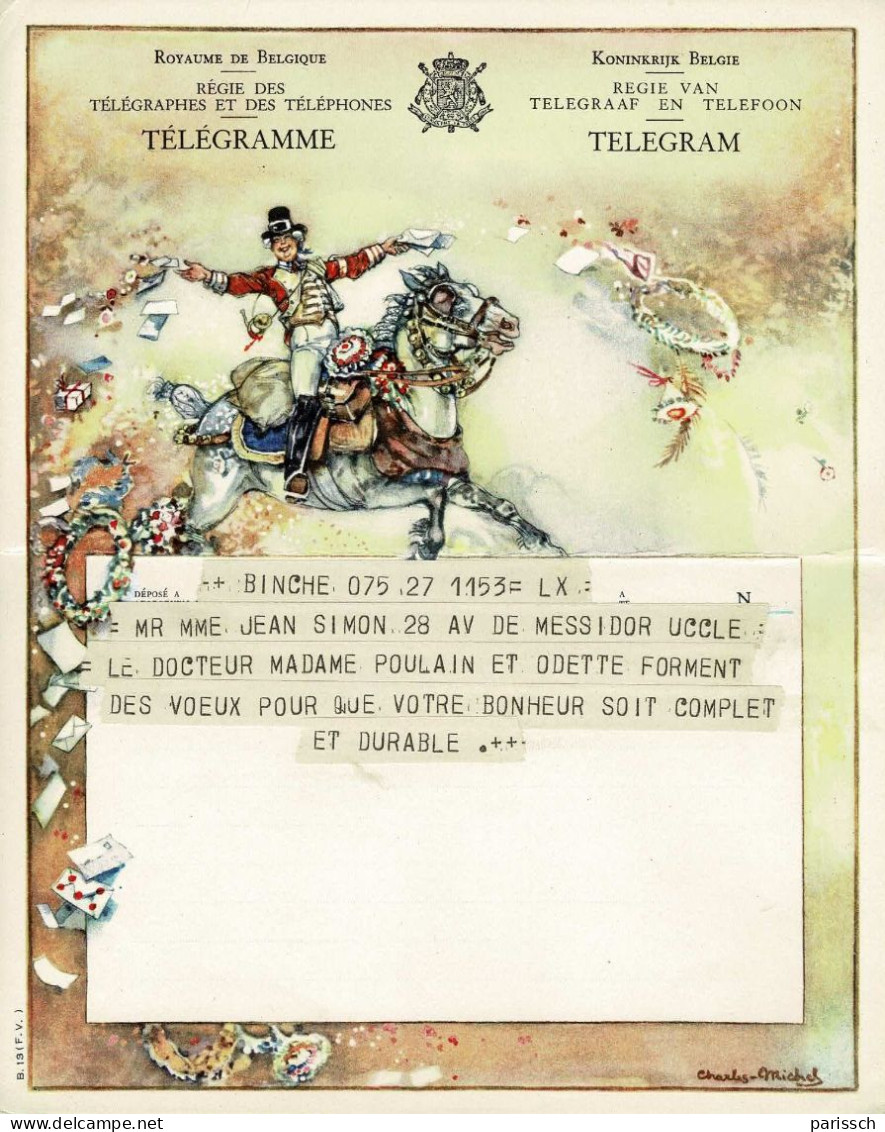 Télégramme - Cheval, Postier, Lettres, Fleurs, Cadeaux - 1946 - Belgique - Horses