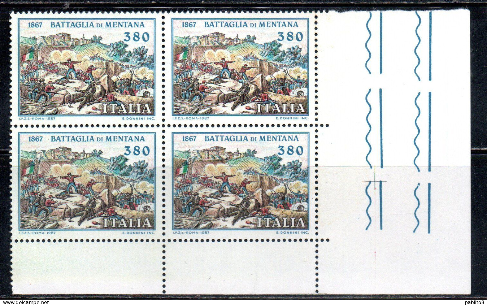 ITALIA REPUBBLICA ITALY REPUBLIC 1987 LA BATTAGLIA DI MENTANA BATTLE LIRE 380 QUARTINA ANGOLO DI FOGLIO MNH - 1981-90: Mint/hinged