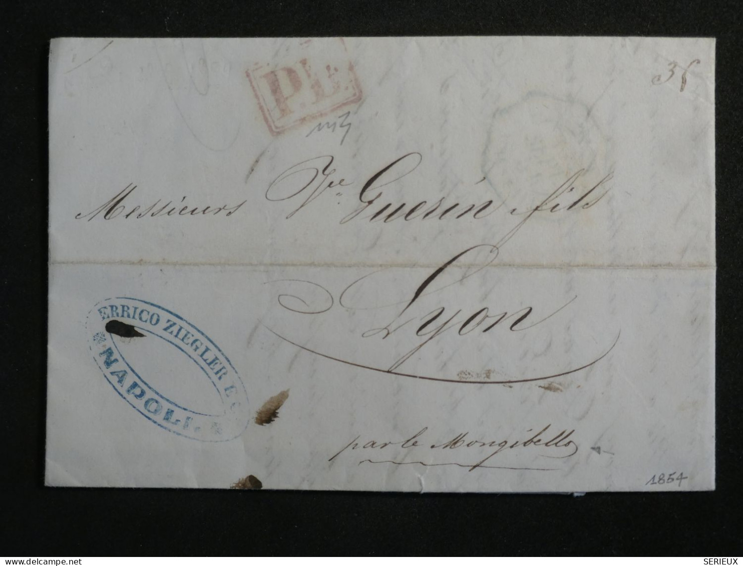 DL4 ITALIA  2 SICILES  BELLE  LETTRE RR SIGNEE 1854   PAR LE MONGIBELLO NAPOLI   A MARSEILLE LYON  + +AFF. INTERESSANT++ - Sicilia