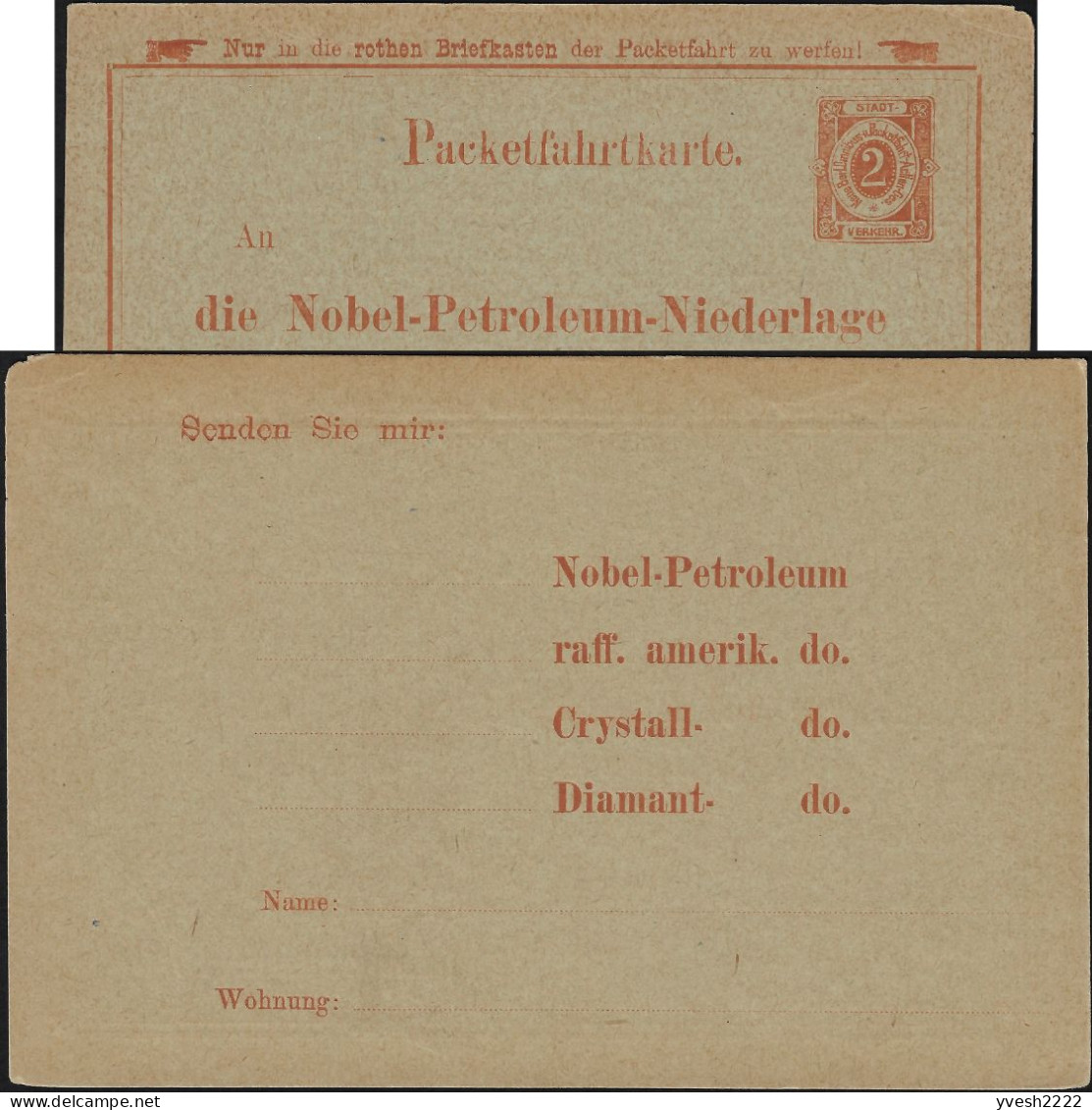 Berlin 1890. Entier Postal Timbré Sur Commande. Poste Privée. Succursale Des Pétroles Nobel. Raffiné, Cristal, Diamant - Nobel Prize Laureates