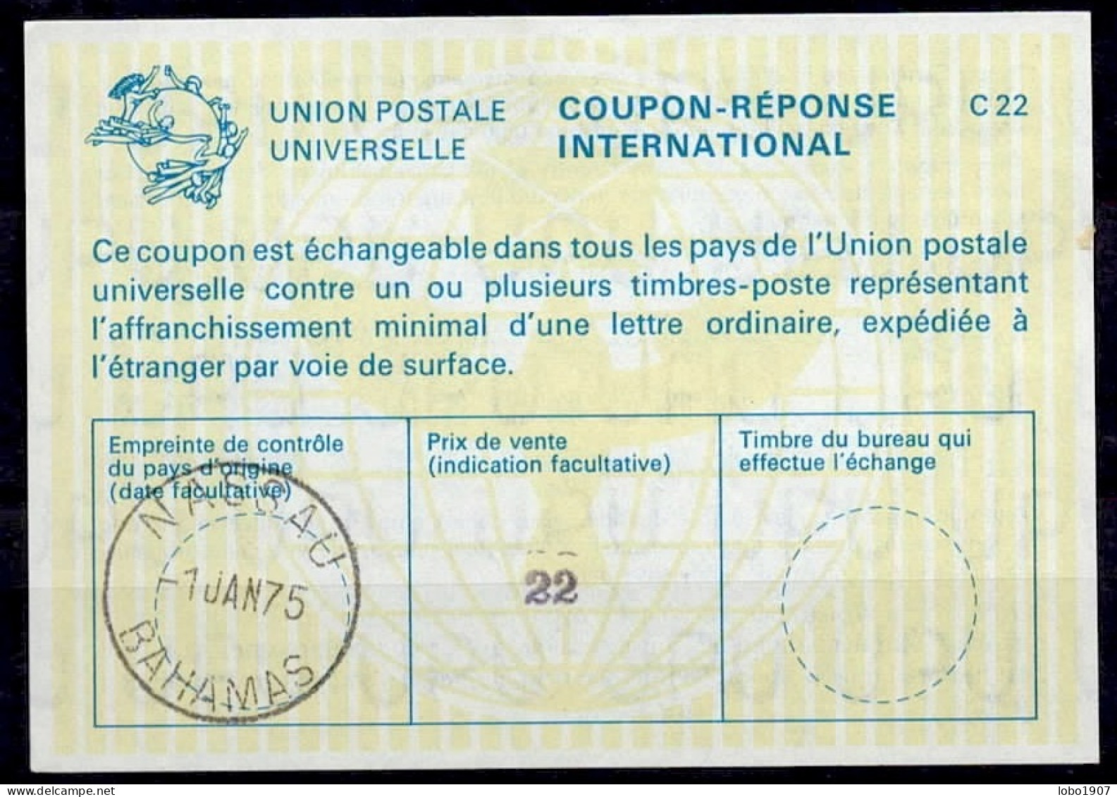 BAHAMAS La22B  Violet  22  International Reply Coupon Reponse Antwortschein IAS IRC O NASSAU 01.01.75 First Day Of Issue - Bahama's (1973-...)