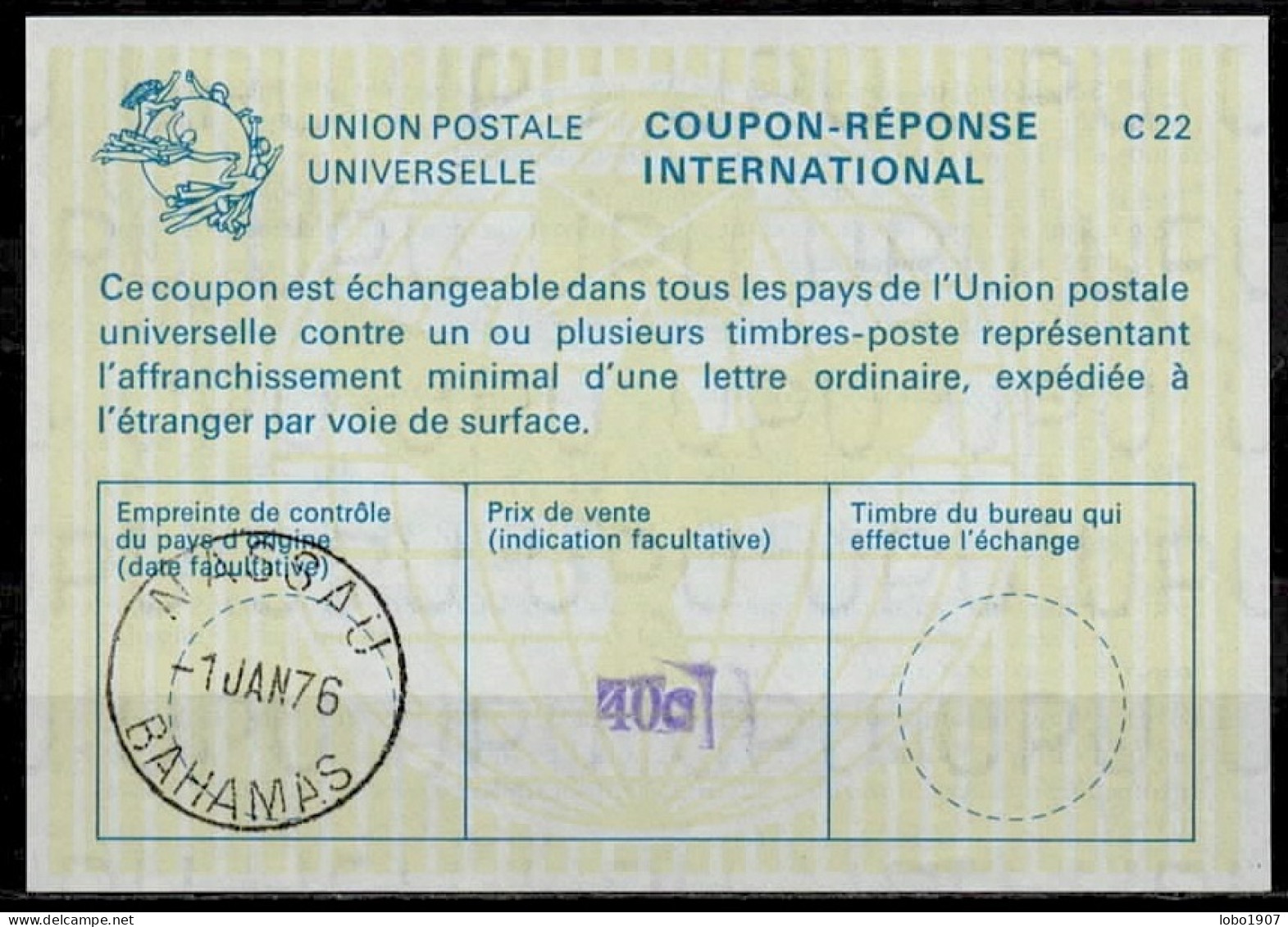 BAHAMAS La22B  Violet 40c  International Reply Coupon Reponse Antwortschein IAS IRC O NASSAU 01.01.76 First Day Of Issue - Bahama's (1973-...)