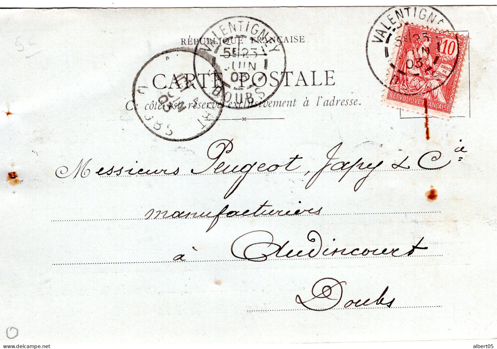 Carte Postale Commerciale De Valentigney Pour Audincourt - Peugeot Frères Le 25 Juin 1903 - Valentigney