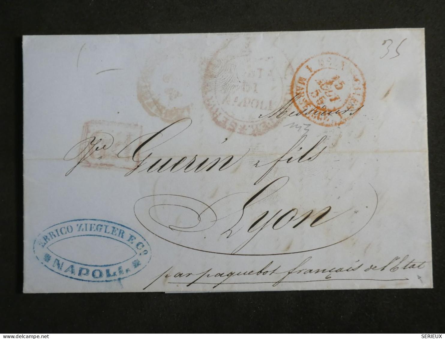 DL4 ITALIA  2 SICILES  BELLE  LETTRE RARE SIGNEE 1855   PAR  PAQUEBOT FRANC.D ETAT NAPOLI  A  LYON  + ++ - Sicile