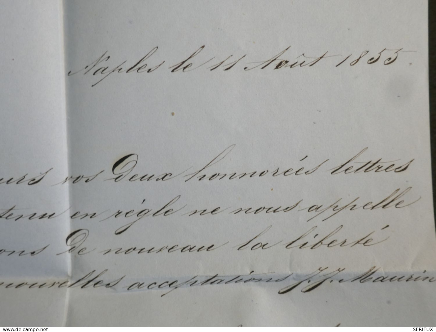 DL4 ITALIA  2 SICILES  BELLE  LETTRE RARE SIGNEE 1855   PAR  PAQUEBOT FRANC.D ETAT NAPOLI  A  LYON  + ++ - Sicile