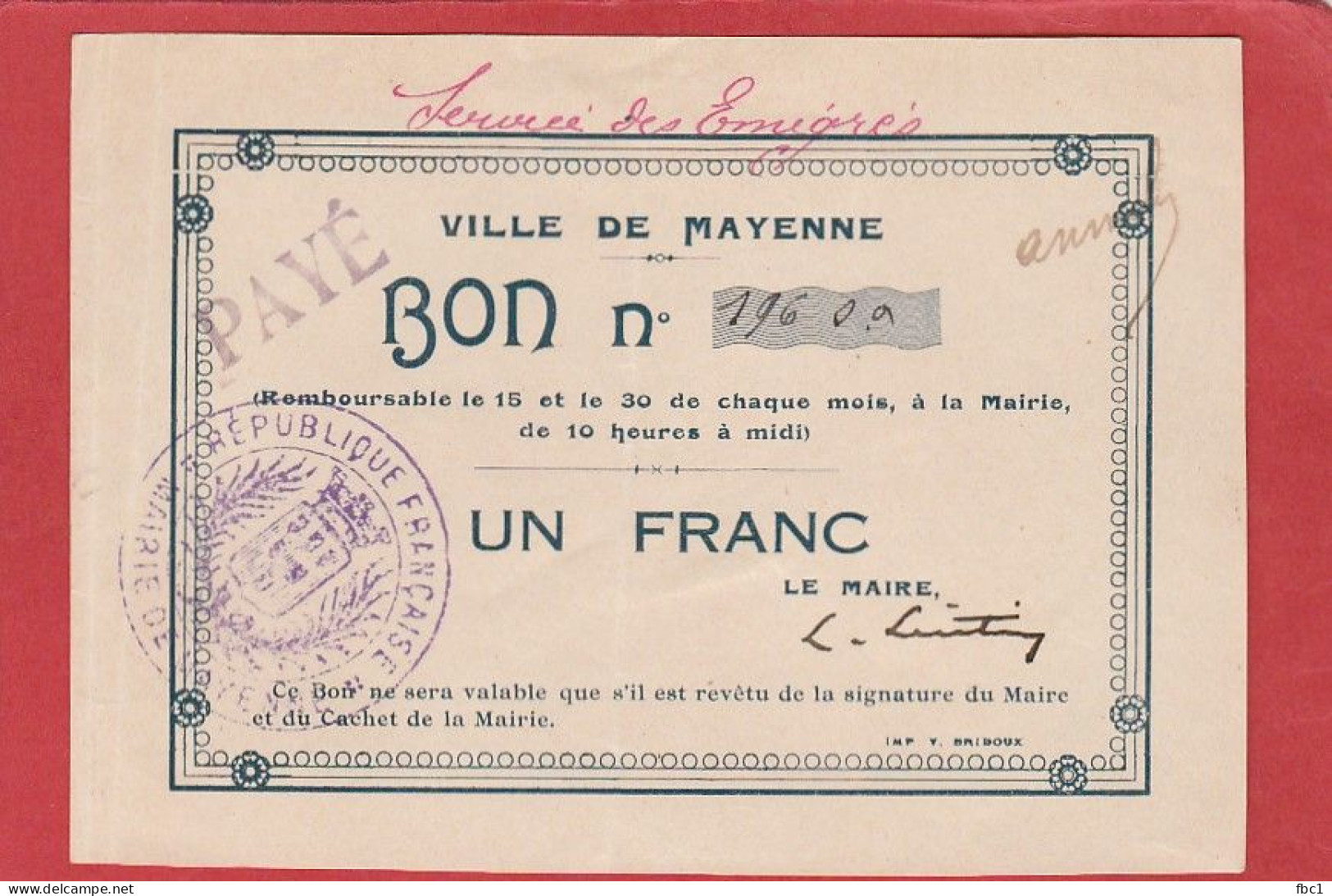 Mayenne - Ville De Mayenne - Un Franc - - Notgeld