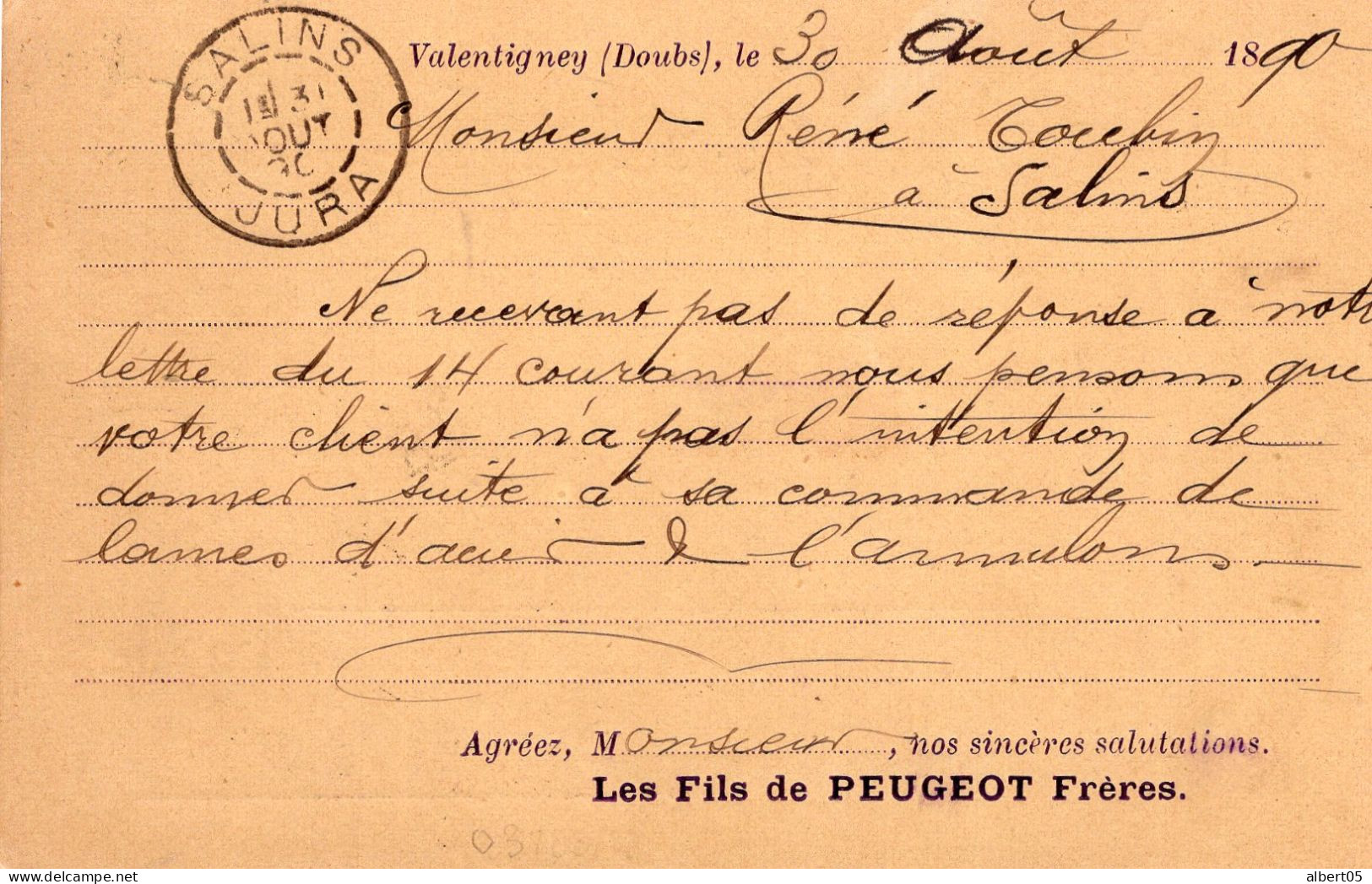 Carte Postale Commerciale De Valentigney Pour Salins - Les Fils De Peugeot Frères - 30 Août 1890 - Valentigney