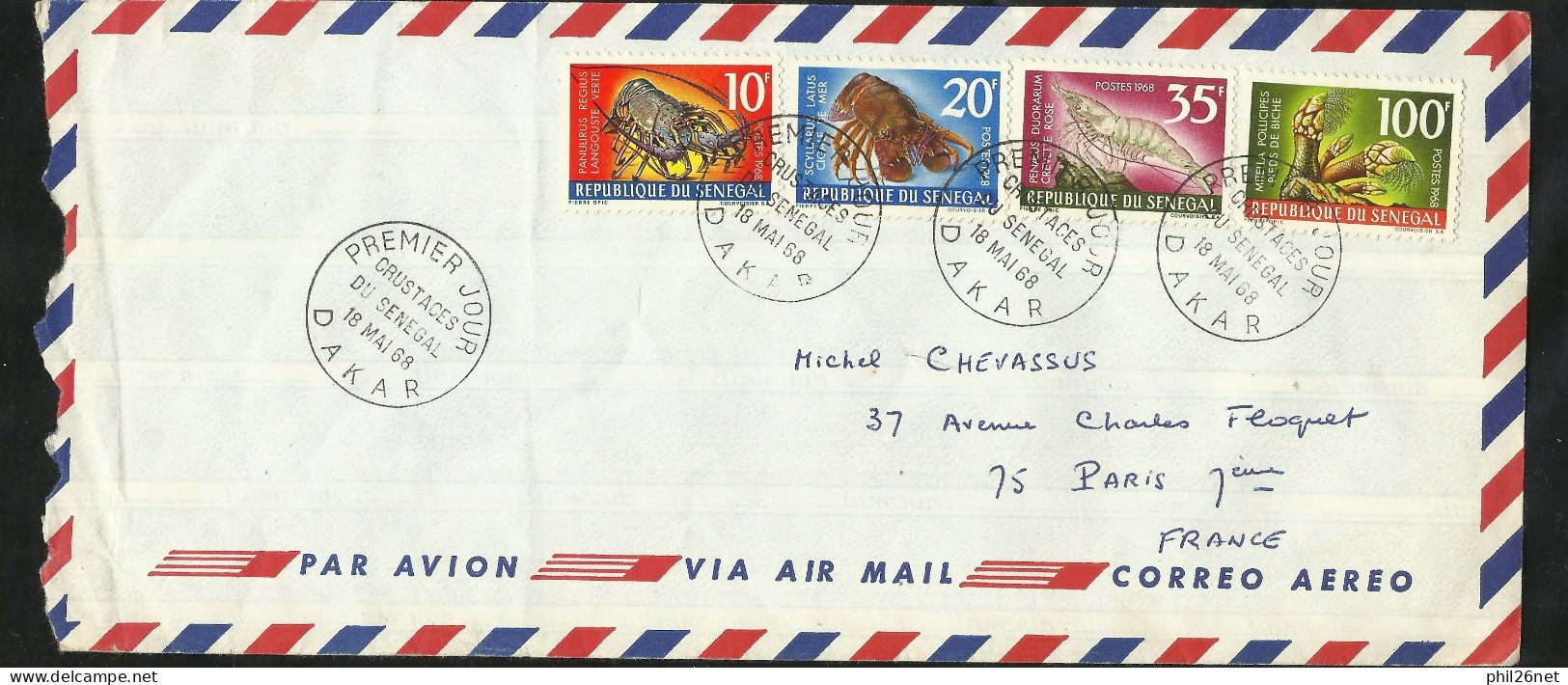 Sénégal FDC Lettre Avion Premier Jour Circulée Le 18/05/1968 Les N°305 à 308  Criustacés   B/TB  Voir Scans  Soldé ! ! ! - Sénégal (1960-...)