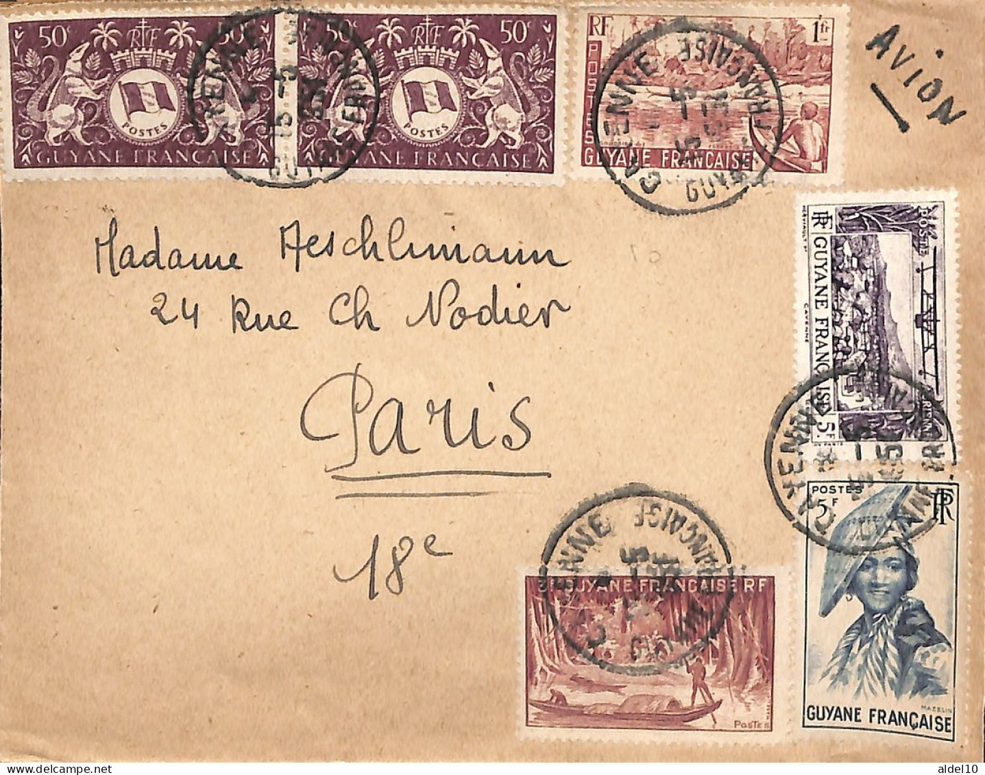 Enveloppe Avion Pour Paris 1951 Affranchissement 15 F Oblitération De Cayenne - Brieven En Documenten