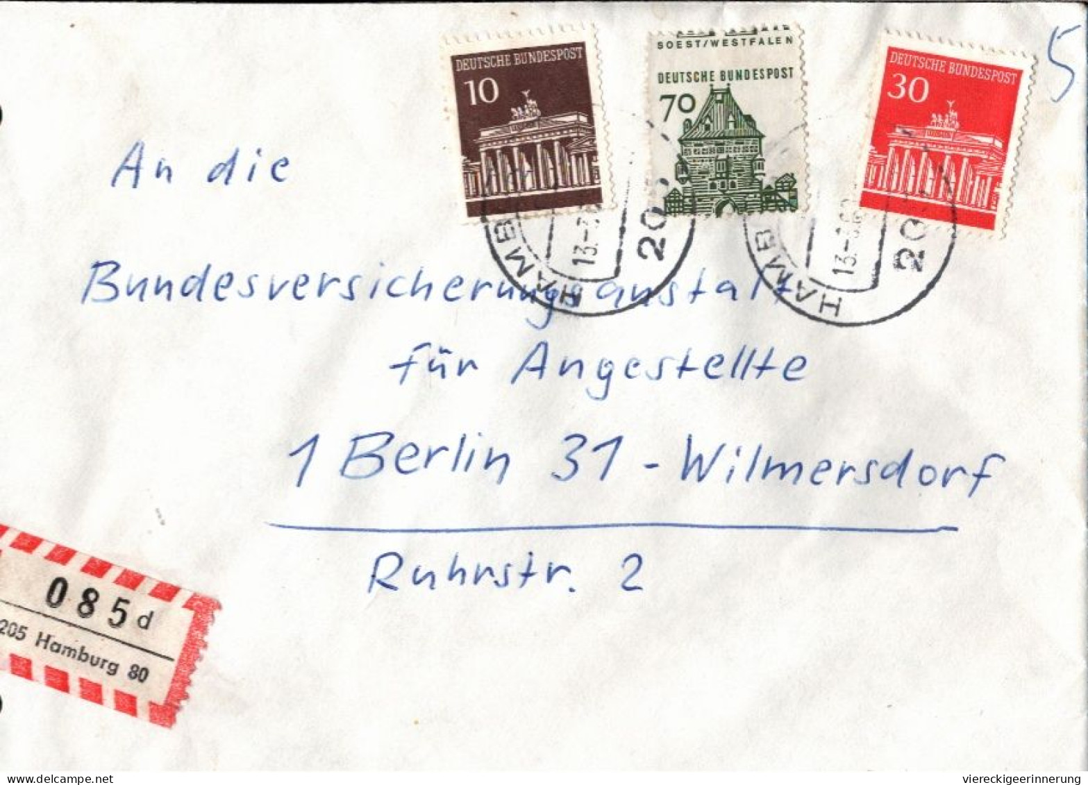 ! Bund Einschreibe Brief Aus Hamburg Marke Mit Starker Verschiebung Des Druckbildes Dauerserie Deutsche Bauwerke Nr. 460 - Errors & Oddities