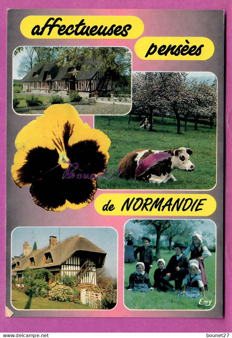 EN NORMANDIE - Affectueuses Pensées De Normandie Vieille Maison Colombage Vache Cow Enfant Folklore - Haute-Normandie