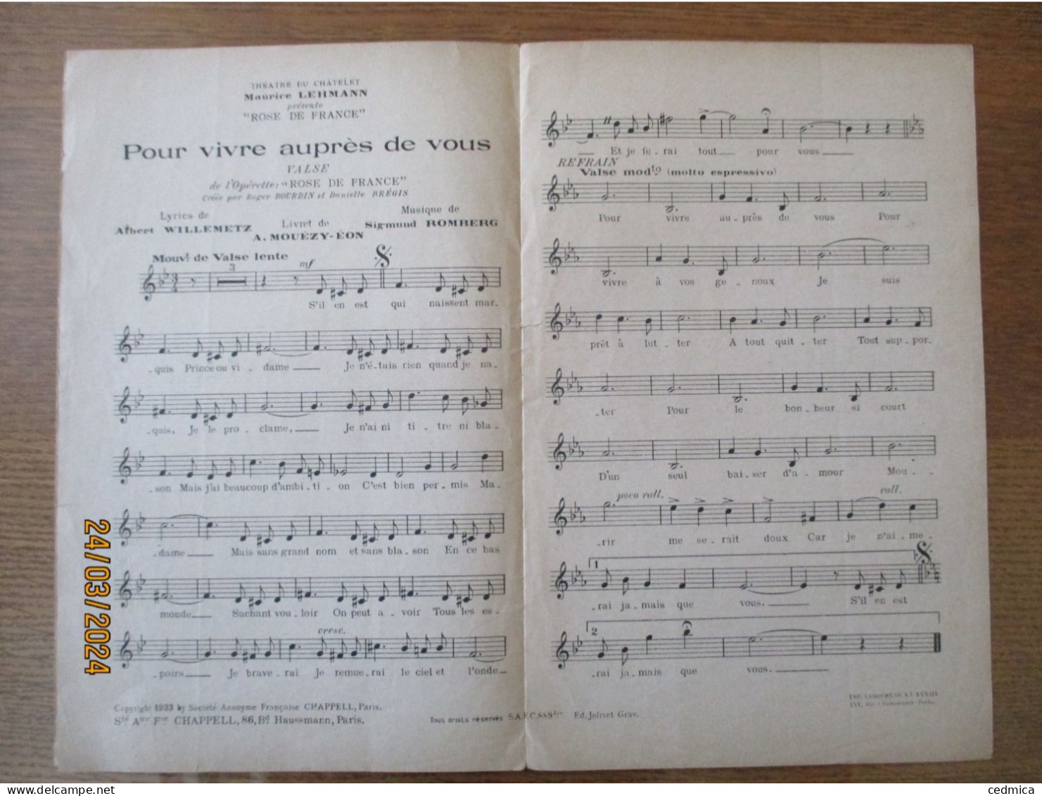 POUR VIVRE AUPRES DE VOUS  LYRICS DE ALBERT WILLEMETZ LIVRET DE A MOUEZY-EON MUSIQUE SIGMUND ROMBERG - Partitions Musicales Anciennes