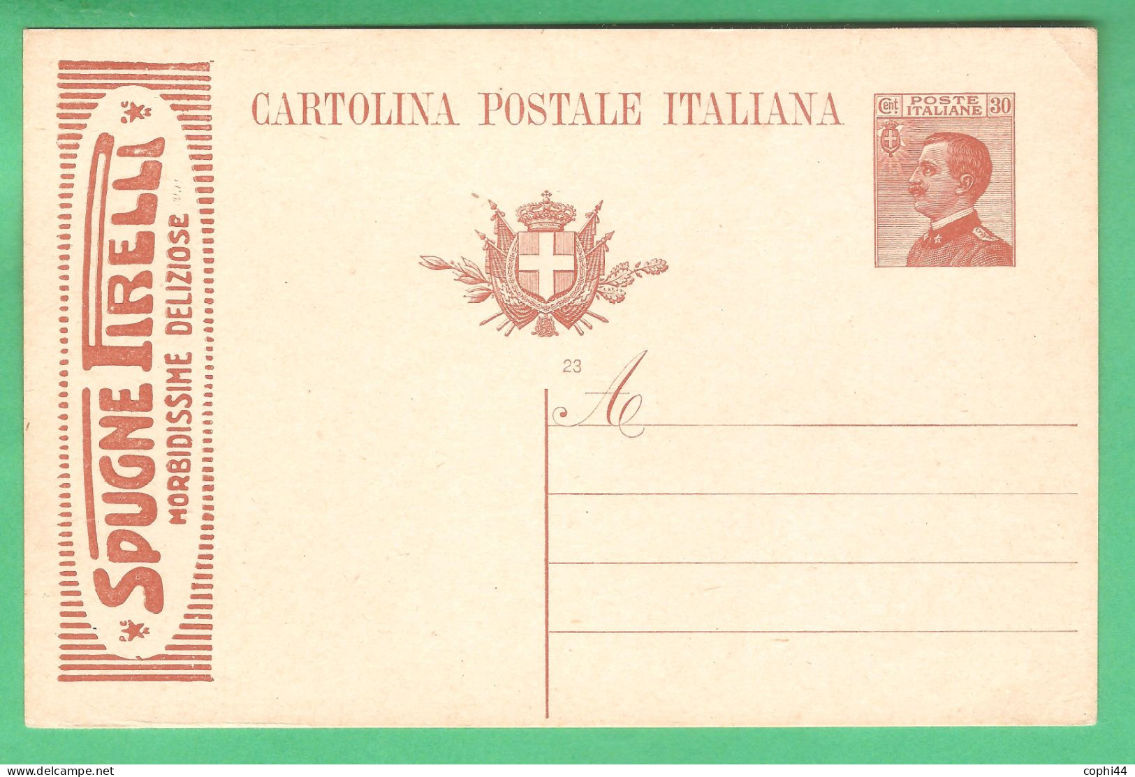 REGNO D'ITALIA 1923 CARTOLINA POSTALE VEIII MICHETTI MIL. 23 PUBBLICITA' PIRELLI SPUGNE (FILAGRANO R5-22) 30 C NUOVA - Stamped Stationery