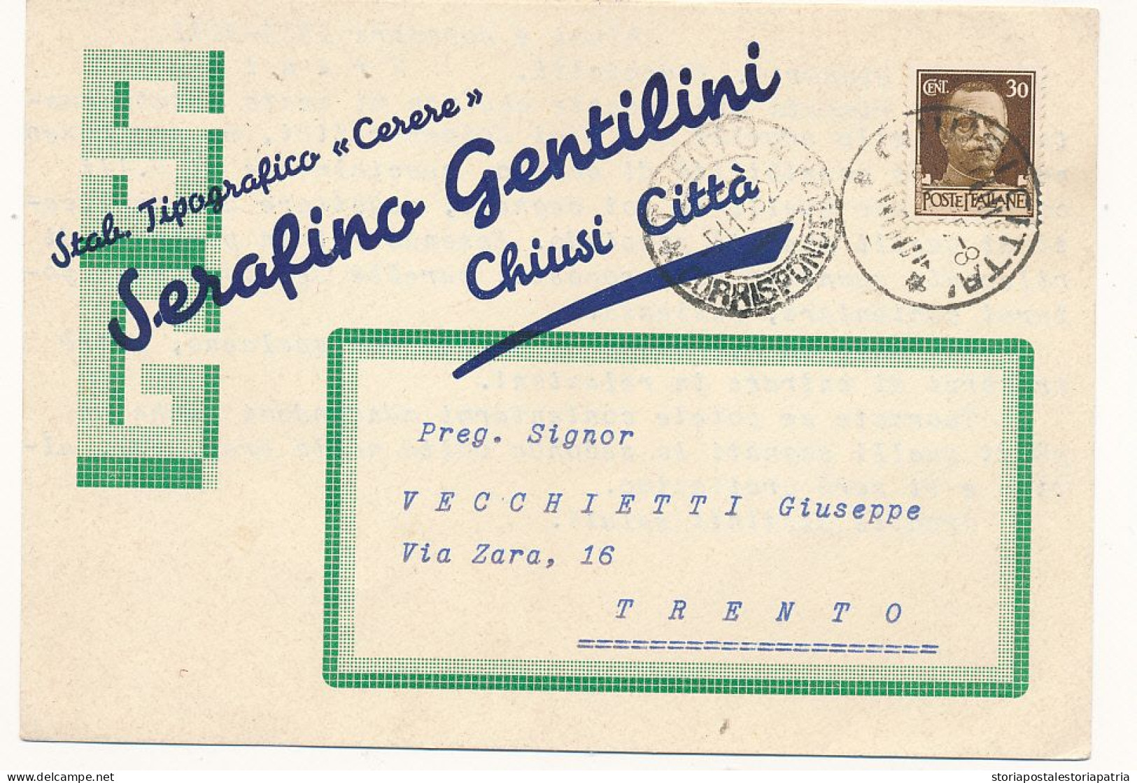 1933 CHIUSI CARTOLINA PUBBLICITARIA TIPOGRAFIA CERERE - Storia Postale