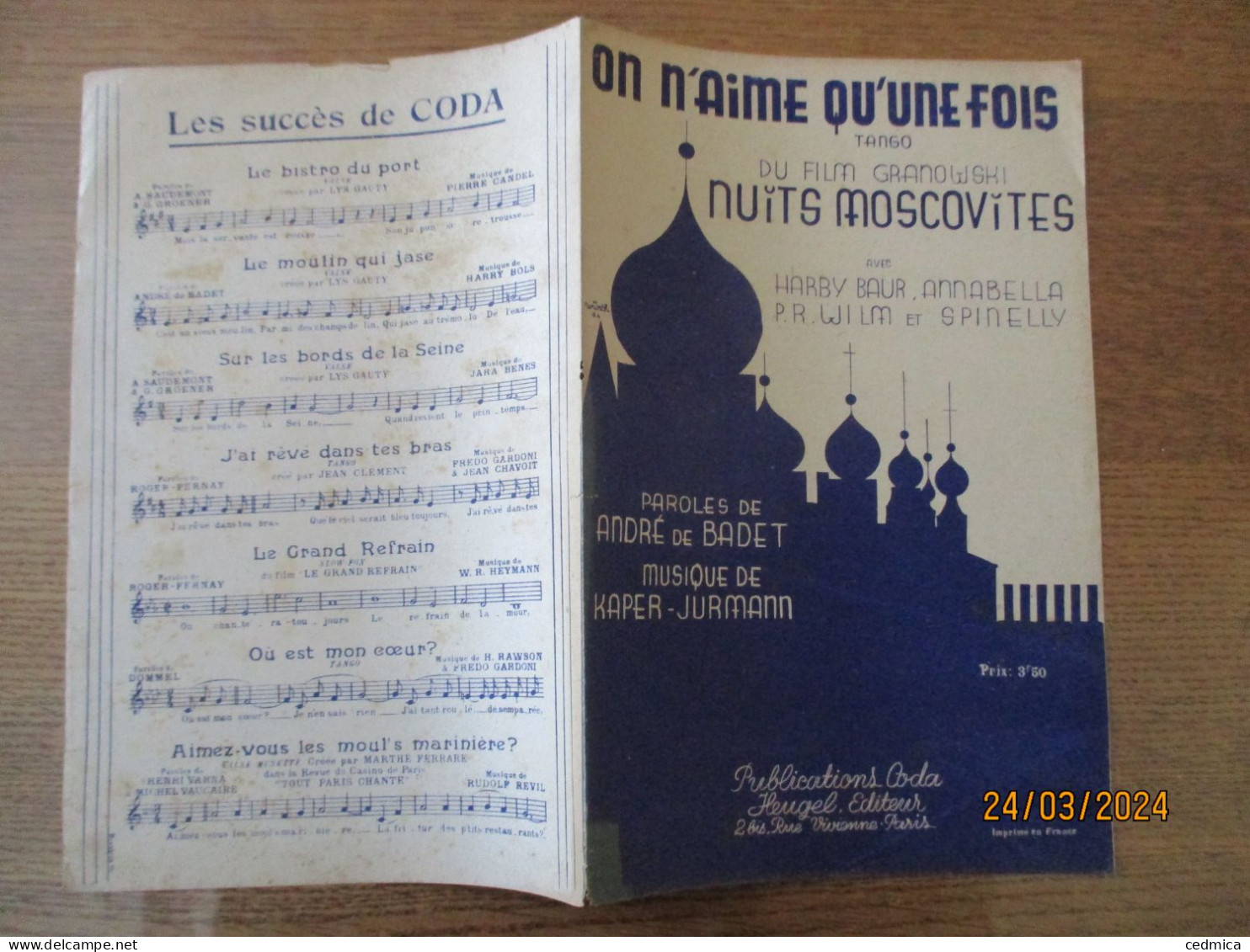 ON N'AIME QU'UNE FOIS......TANGO DU FILM LES NUITS MOSCOVITES PAROLES DE ANDRE DE BADET MUSIQUE DE KAPER-JURMANN - Noten & Partituren