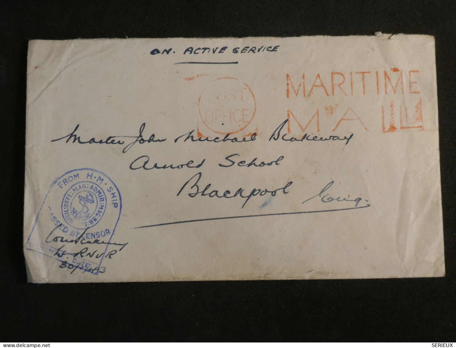 DL4 GREAT BRITAIN   BELLE LETTRE MARITIME CENSORED  ON ACTIVE SERVICE 1945 ENV.  ++AFF. INTERESSANT++ - Covers & Documents