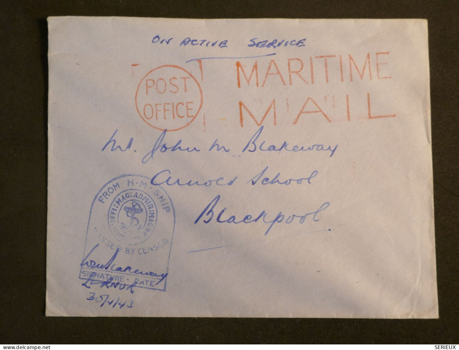 DL4 GREAT BRITAIN   BELLE LETTRE MARITIME CENSORED  ON ACTIVE SERVICE 1945 ENV.  ++AFF. INTERESSANT++ - Lettres & Documents