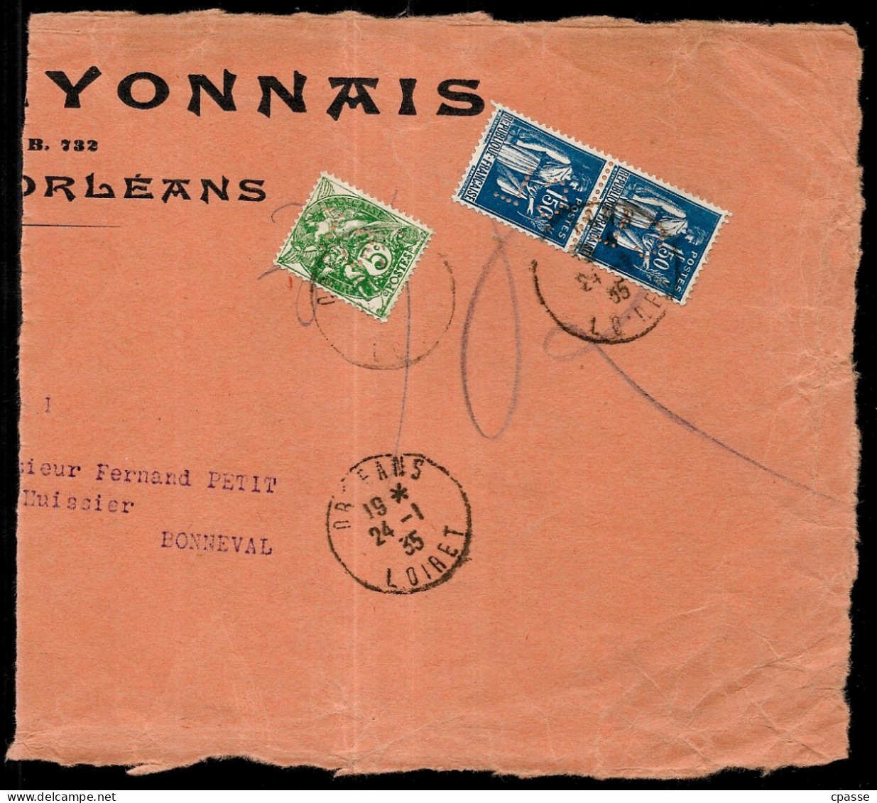 1935 Fragment Lettre En-tête CREDIT LYONNAIS 45 Orléans, Timbre Envers Perforé Paire Type PAIX N° 288 YT + Type Blanc - Brieven En Documenten