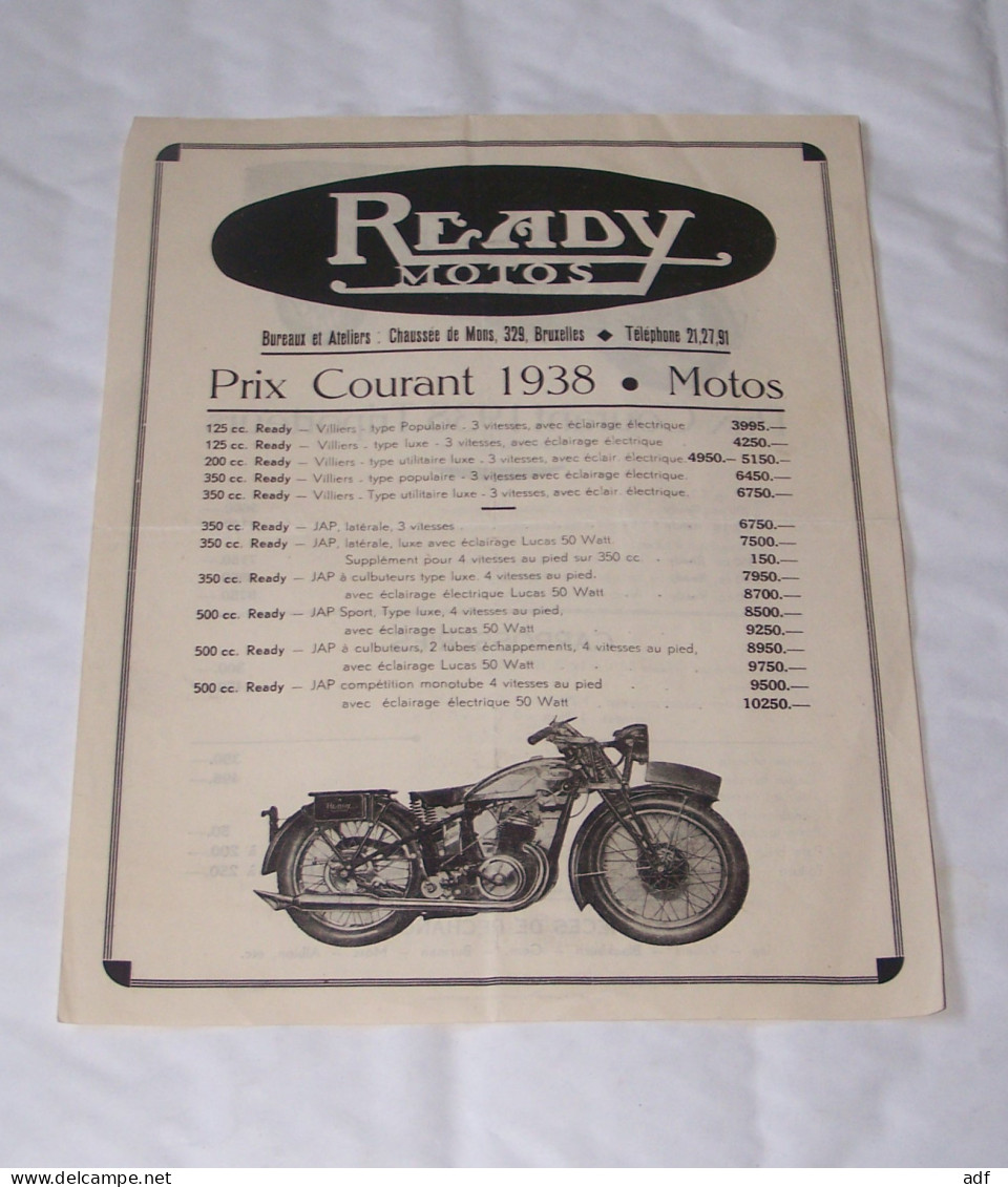 TARIF READY MOTOS 1938, PRIX COURANTS, TRIPORTEUR, TRIPORTEURS, MOTO, MOTOCYCLETTE, CHAUSSEE DE MONS, BRUXELLES - Motor Bikes