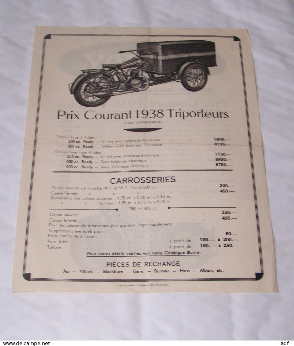 TARIF READY MOTOS 1938, PRIX COURANTS, TRIPORTEUR, TRIPORTEURS, MOTO, MOTOCYCLETTE, CHAUSSEE DE MONS, BRUXELLES - Motorräder